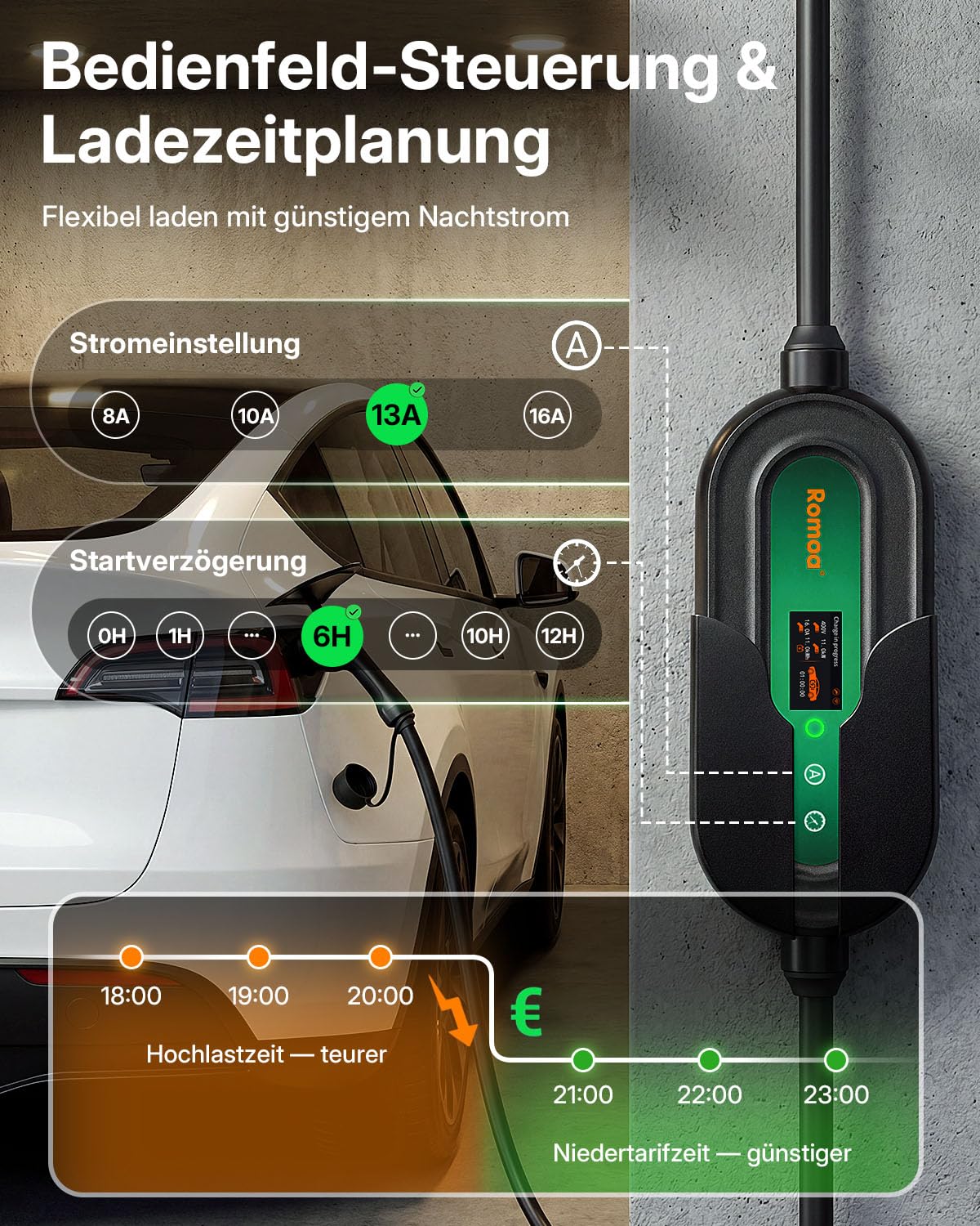 Romaa Mobile Wallbox 11kW mit App, 1,9" LCD Ladegerät mit FI Schutzschalter
