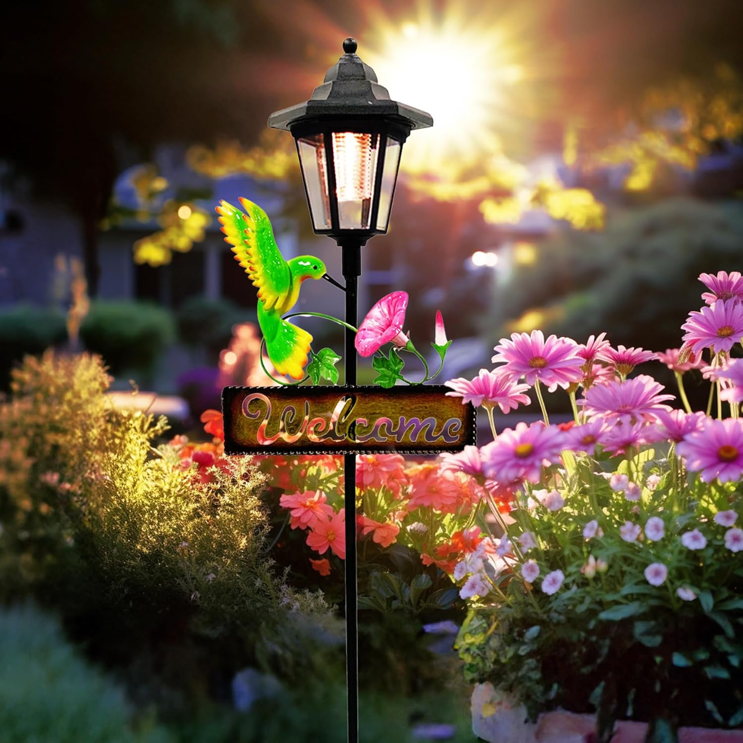 Crosslight Solar LED Hummingbird Welcome Sign - Weatherproof Garden Stake Light for Outdoor Decoration - Decor for Yard, Lawn, Patio, Pathway, Backyard | Warm White