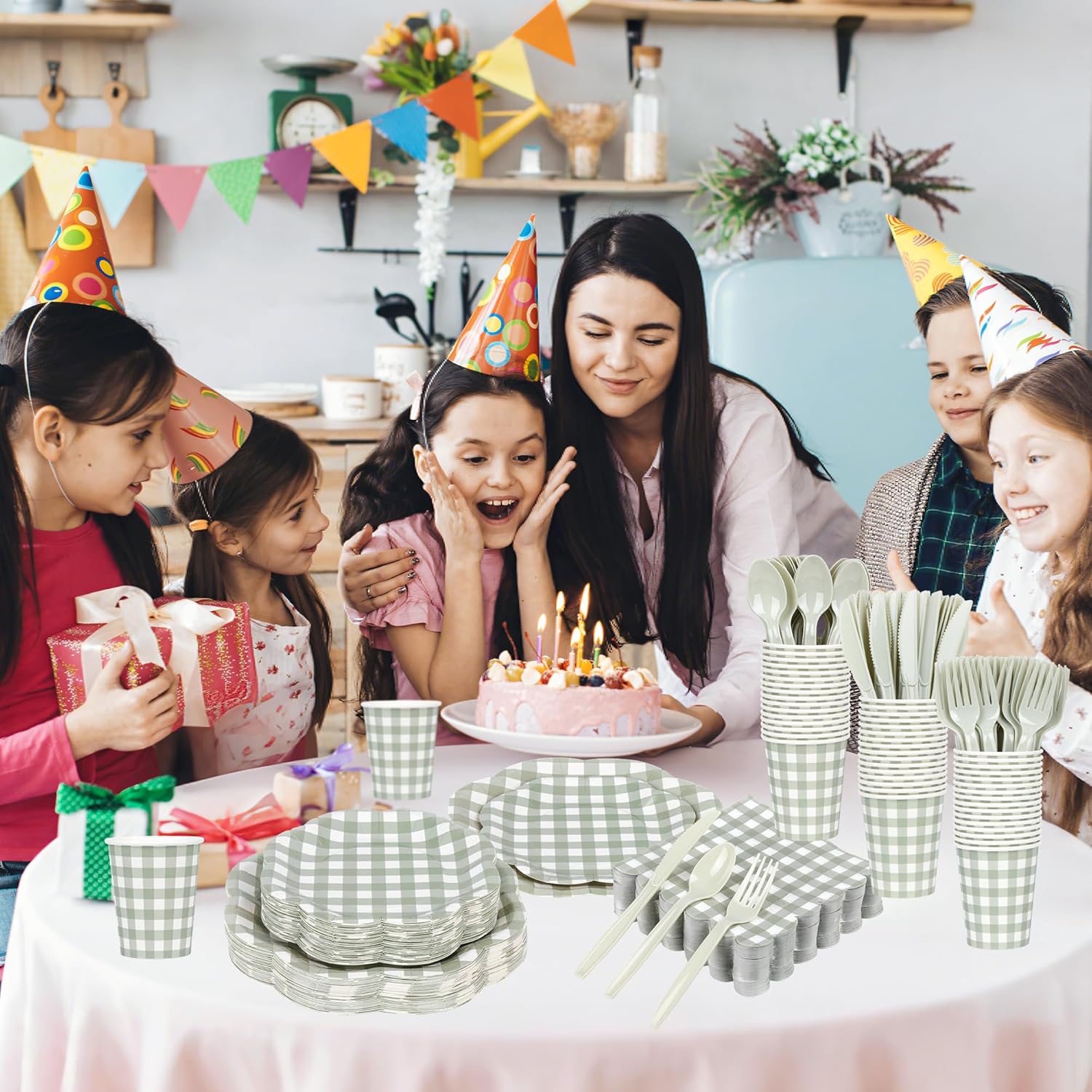 400 Pcs Gingham Party Supplies for 50 Guests Sage Green and White Scalloped Paper Plates and Napkins Knives Spoons Forks Cups Disposable Checkered Dinner Party Set for BBQ Baby Shower Wedding - Image 7