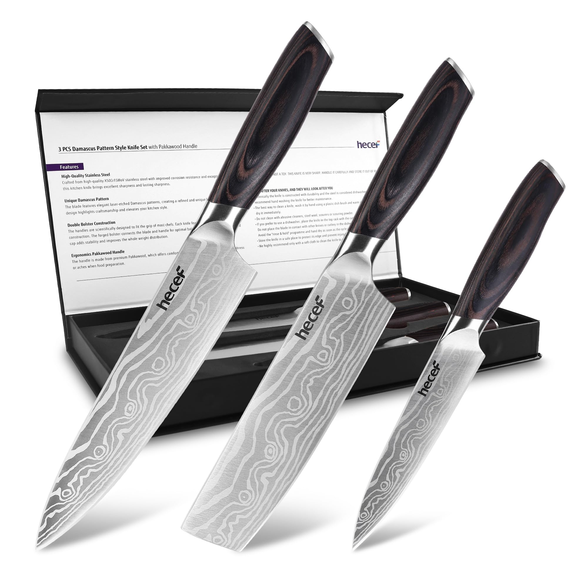 hecef 3-Piece Chef Knife Set - High-Carbon Steel with Double Bolster