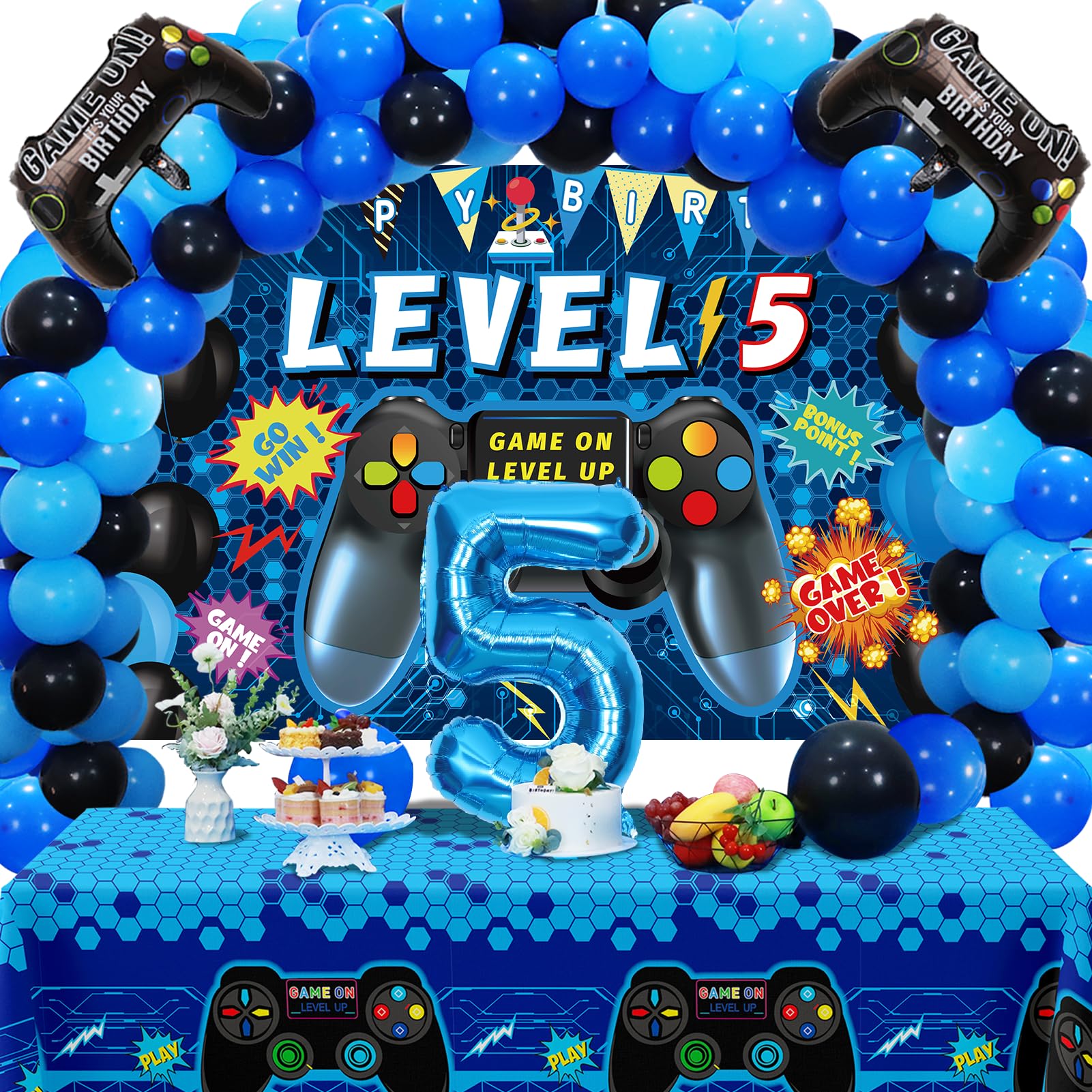 Vlipoeasn 90PCS Video Game Party Decorations Set - Blue 5th Birthday Supplies - Video Game Backdrop, Balloons, Tablecloth, Gamer and Foil Balloons