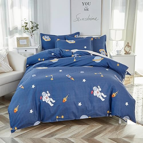 Miniatura 5 de Brandream Juego de ropa de cama para niños, tamaño individualindividual XL, color azul, 100% algodón, reversible, astronauta, cohete, planeta,