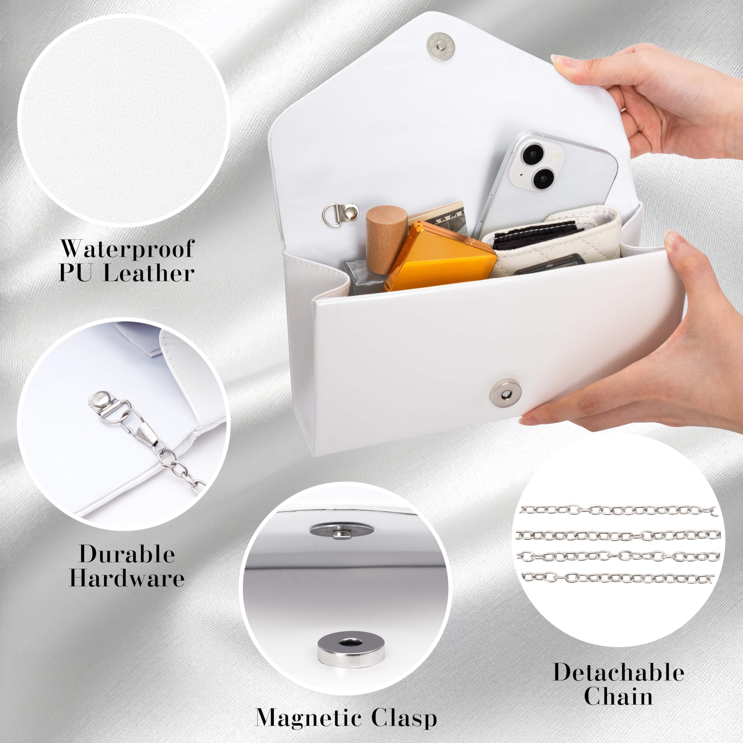 Larcenciel Pochettes et Clutches Femme Cuir, Sac a Main Femme Blanc avec Chaîne