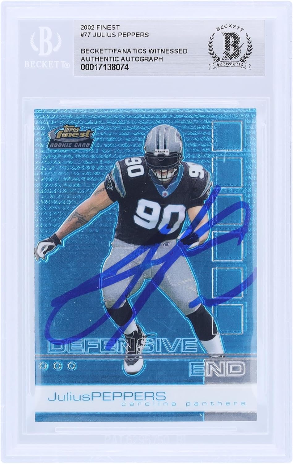 Julius Peppers Carolina Panthers Autographed 2002 Topps Finest #77 Beckett Fanatics Witnessed Authenticated Rookie Card - Football Slabbed Autographed Rookie Cards