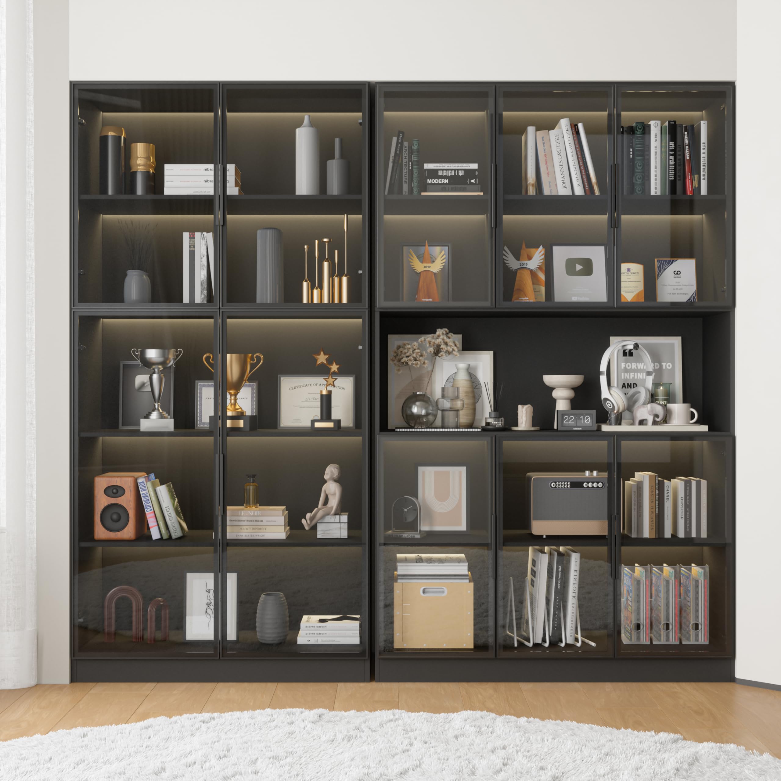 Mekminop Wood and Glass Display Cabinet, Modern Bookcase with Glass Doors, Led Light & Shelves, 78.7” W Large Combination Storage Cabinet with Handle