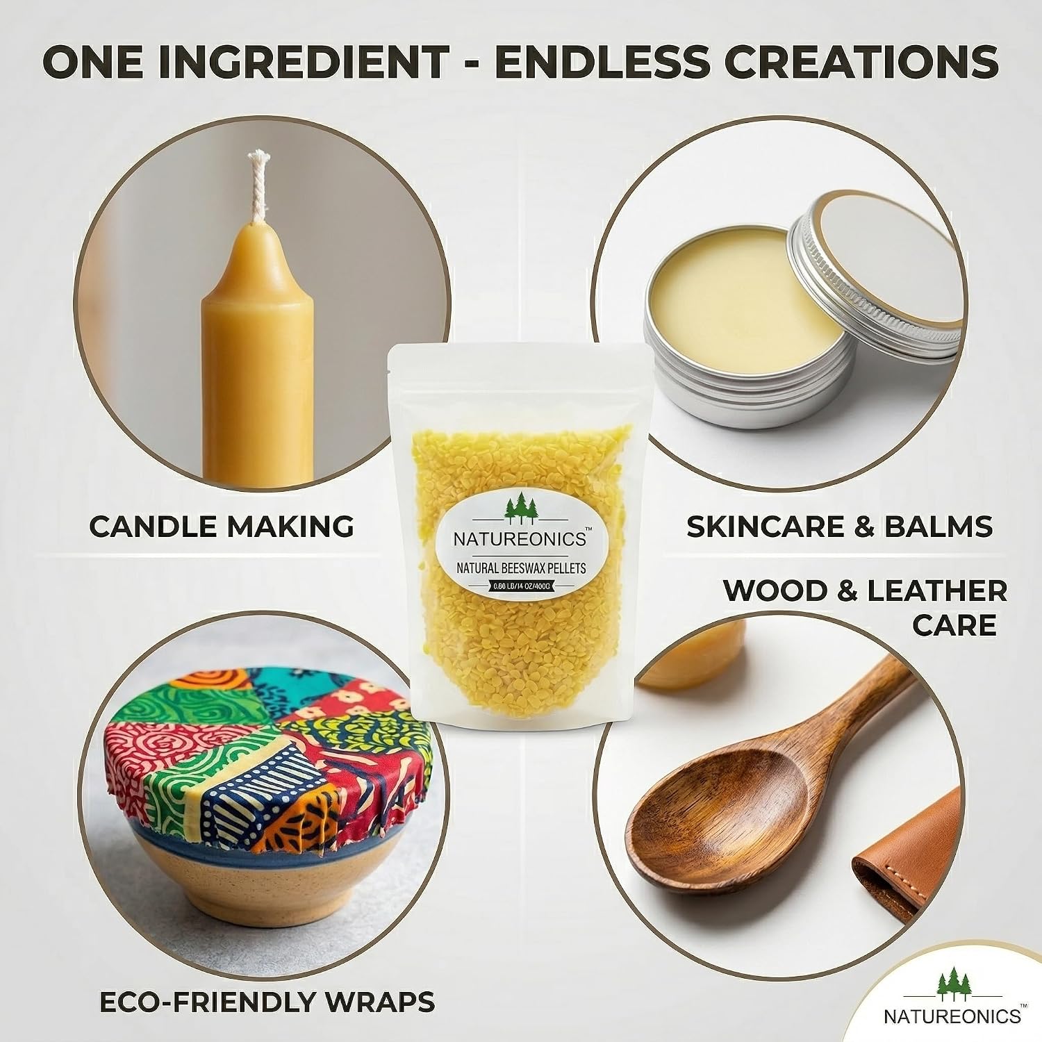 Natureonics 14.1 Oz Yellow Beeswax Pellets - 100% Pure & Natural Cosmetic Grade Beeswax Pastilles for Candle Making, DIY Lip Balm, Creams, Lotions, Soap Making - Easy Melt Triple Filtered Beads.