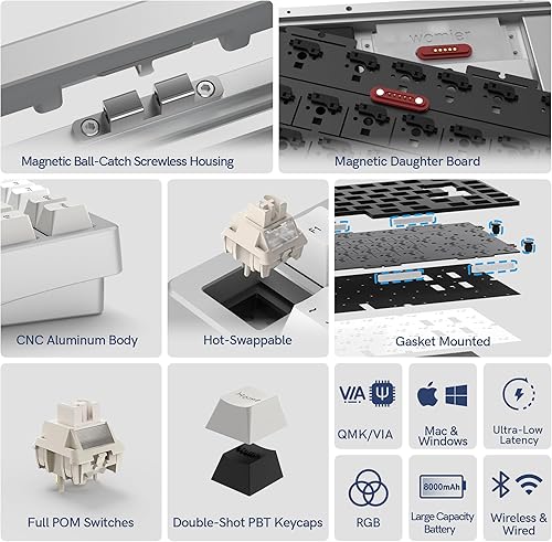 Miniatura 4 de Womier RD75 Pro Teclado inalámbrico para juegos 75%, teclado de aluminio de liberación rápida, QMKVIA Tri-Mode Teclado mecánico intercambiable en