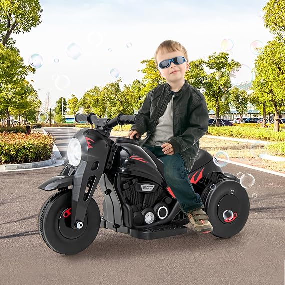 Kids Electric Motorbike, 6V Ride On Motorcycle with Automatic Bubble Function Headlight Music Foot Pedal, 3 Anti-Skip Wheels Vehicle for Boys Girls Ages 3+ (Black)