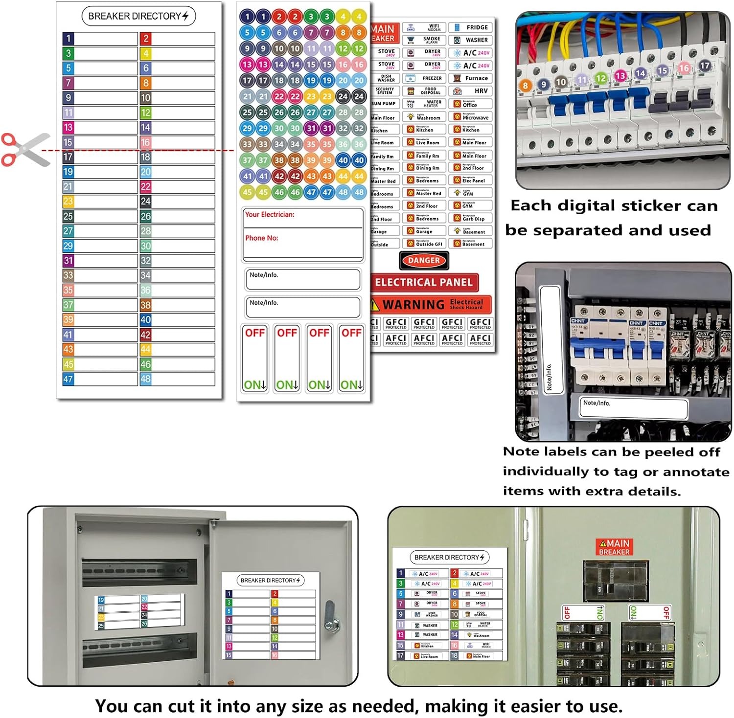 Ultimate 48 Circuit Electrical Panel Labels Kit with Cleaning Cloth, Waterproof Vinyl Breaker Labels & Directory Sheet, Tear Resistant Strong Adhesive, Easy Read Icons (Colors*48 Circuits (15 Sheets)) image 4