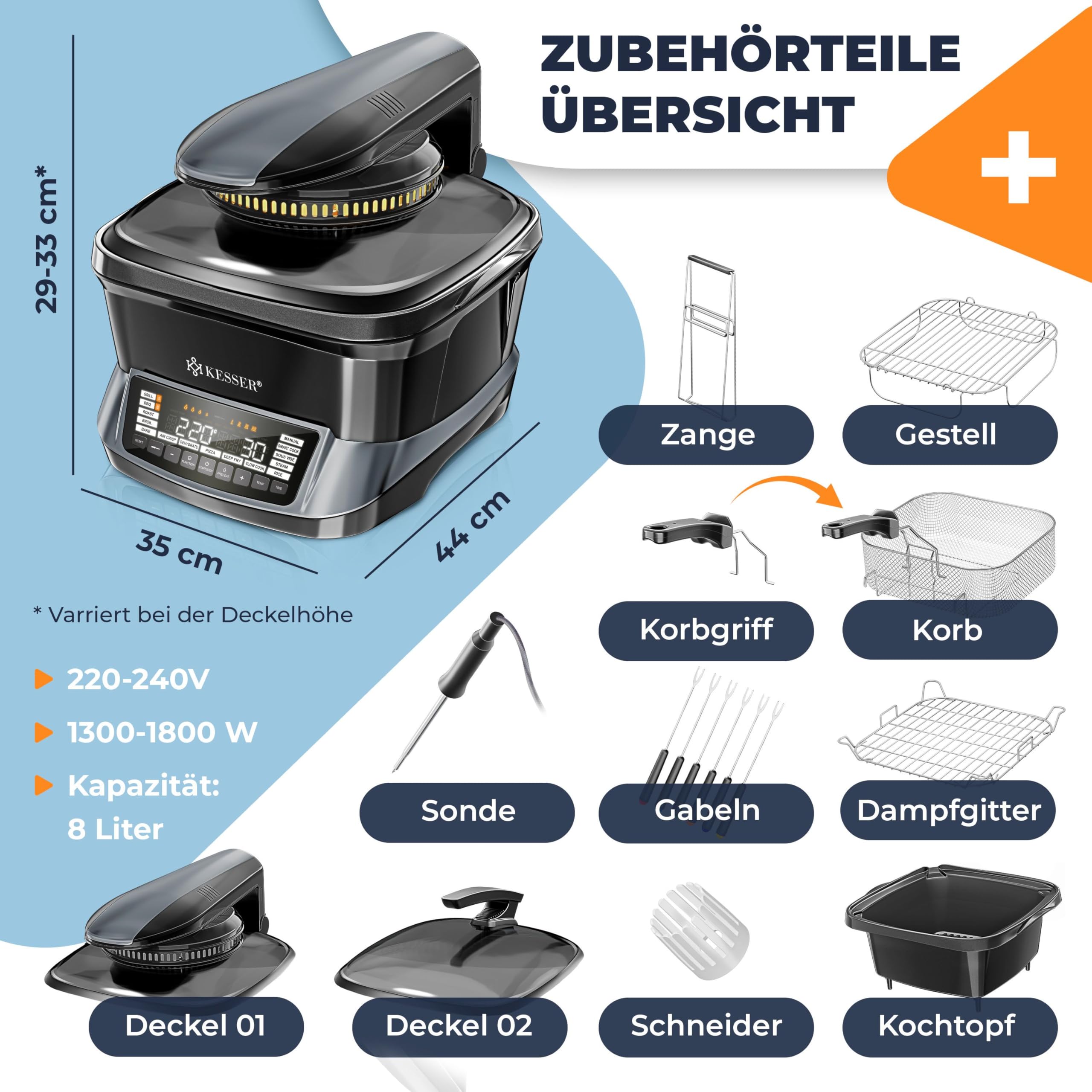 KESSER® Multikocher mit Heißluftfritteuse 8L & 16 Programme Küchengerät - Grillen, Backen, Schmoren, Dampfgaren Vorheiz- & Warmhaltefunktion Reiskocher Slow Cooker, Joghurtbereiter