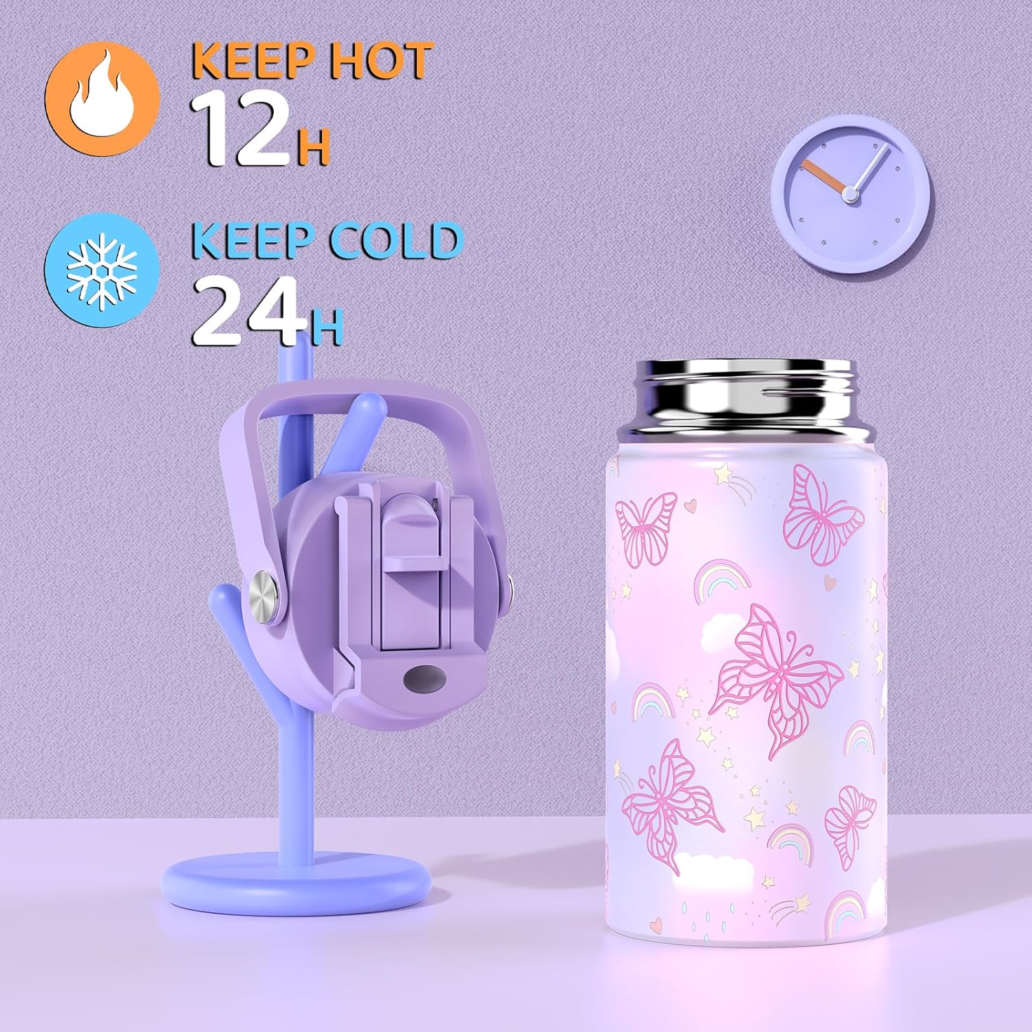Scothen Backpack for Girls, 4PCS Rainbow Butterfly Girls Backpacks with Lunch Bag 14oz Kids Insulated Water Bottle for Teen Girl Children Students Kindergarten Elementary Middle School Book Bag