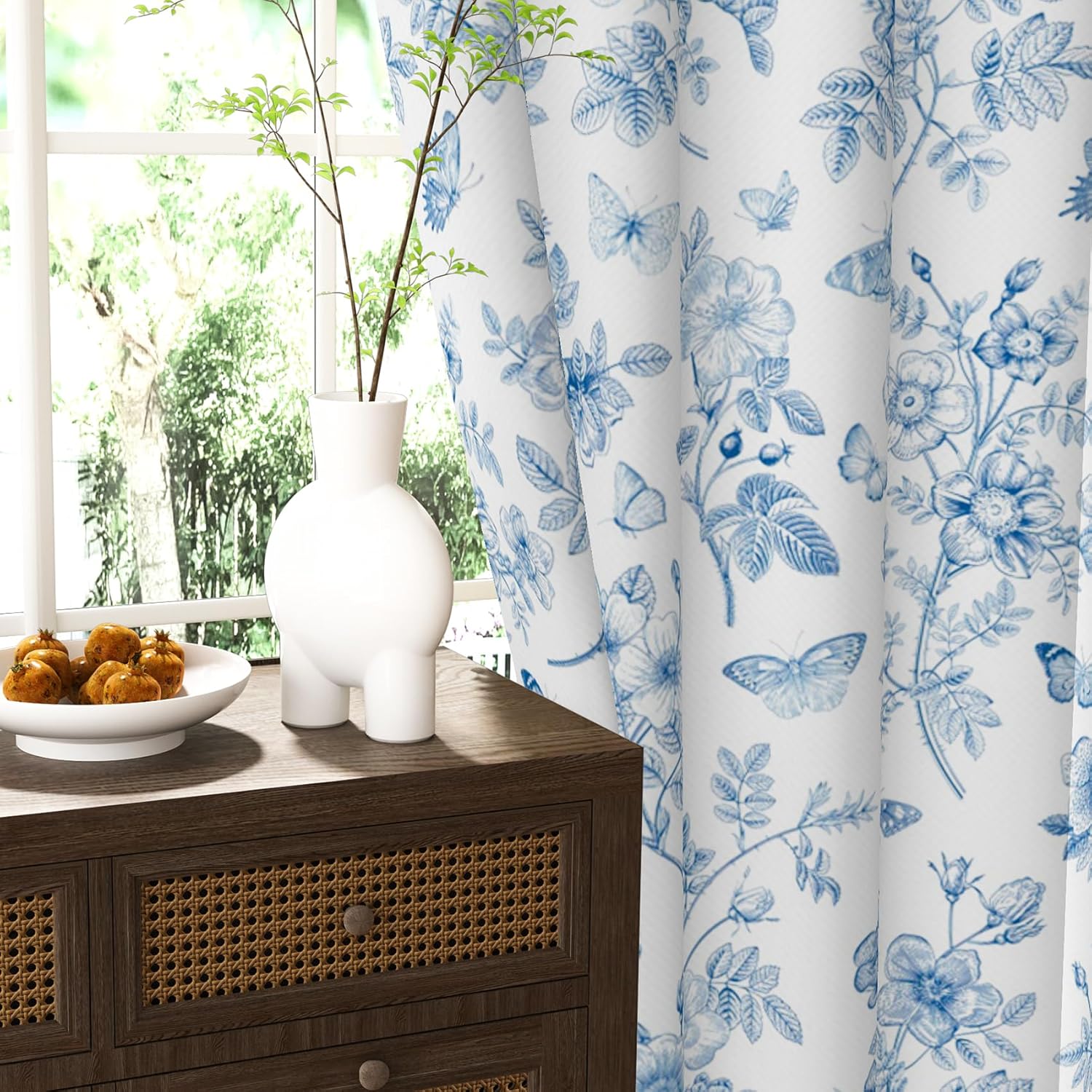 AWERT Blue Floral Linen Window Curtains 84 inch Length 2 Panels Romantic Flowers Butterflies Leaves Farmhouse Light Filtering Drapes for Bedroom Living Room Wide Sliding Door Curtains 52x84 Inches
