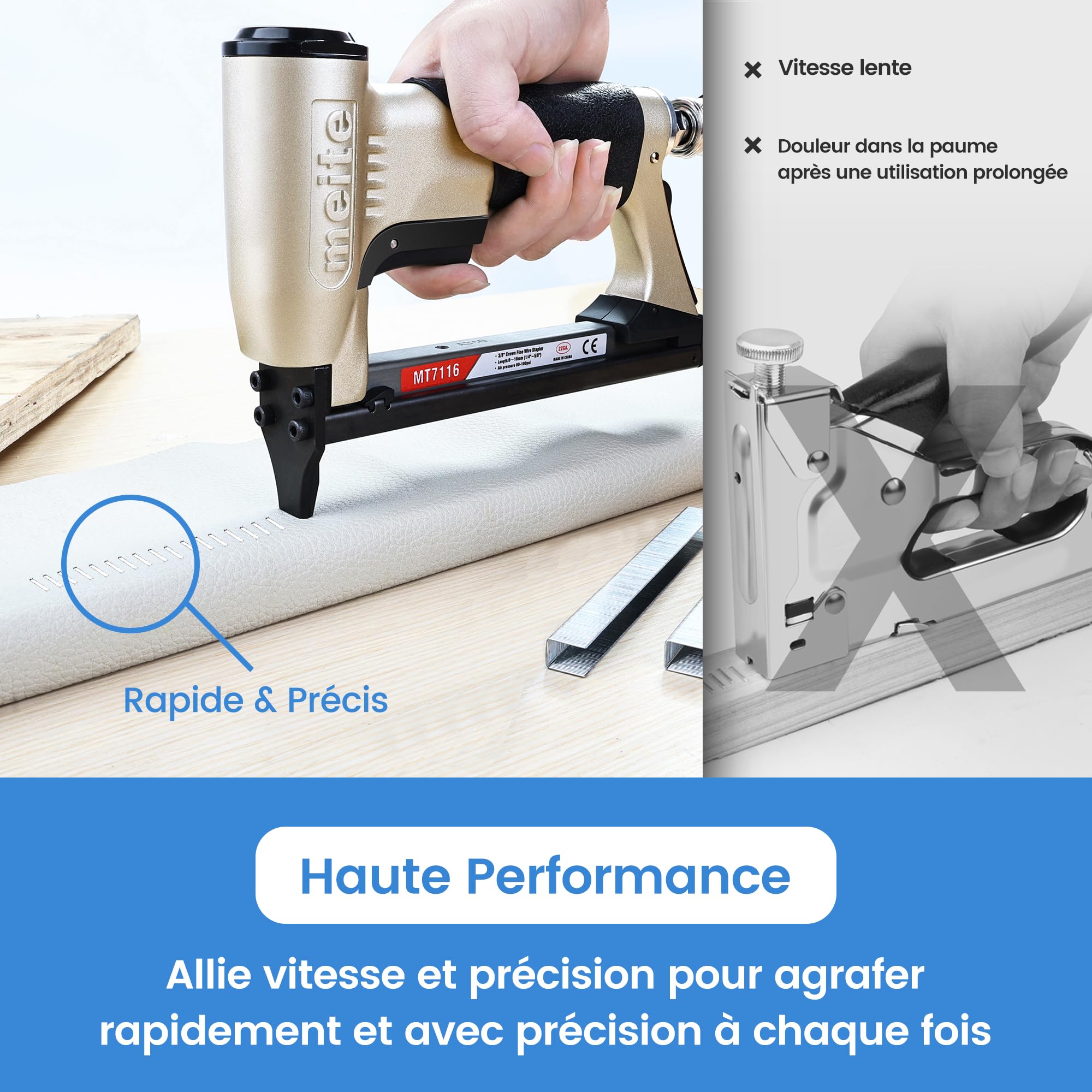 meite MT7116 Agrafeuse Tapissier Pneumatique, Utilise des Agrafes de Type 71, Agrafes 6 à 16 mm, Couronne 9,1 mm – Pression de Travail 4–7 bar – Agrafeuse Pneumatique Pour Meubles et Travail du Bois