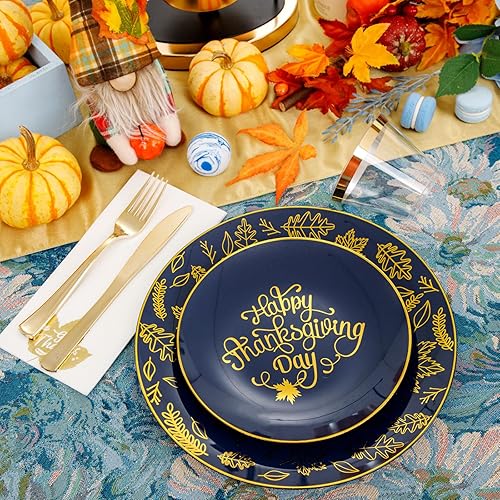 Miniatura 7 de Morejoy 175 platos de plástico de Acción de Gracias, los juegos de vajilla de Acción de Gracias azul dorado incluyen 25 platos de cena, 25 platos de