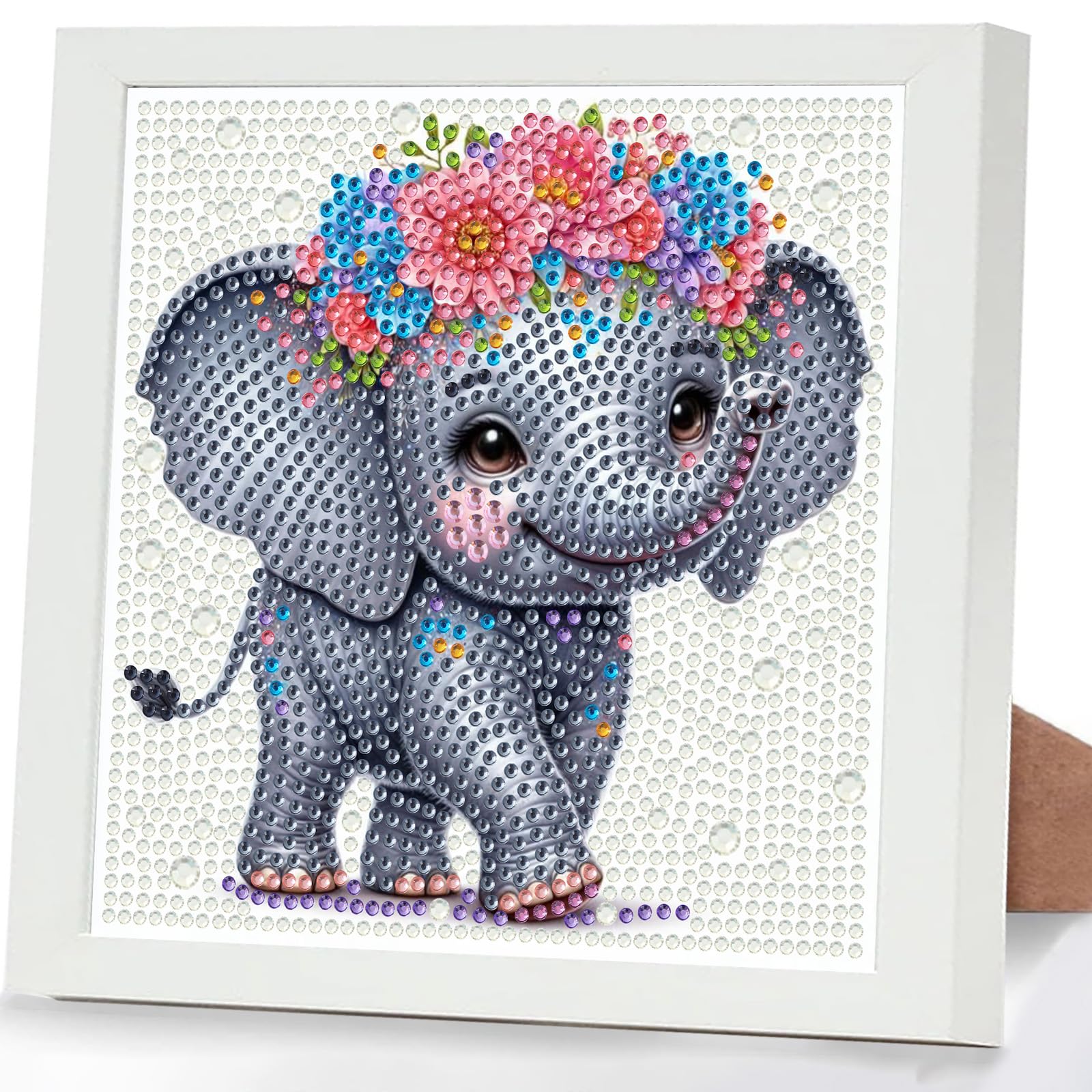 GHHKUD Elephant Diamond Art Kits for Kids with Frame, Animal 5D Diamond Painting Kit for Kids Adults, Crystal Small Diamonds Gem Art Crafts Kits Gift for Girls Boys Children Ages 6-8-12(7x7inch)
