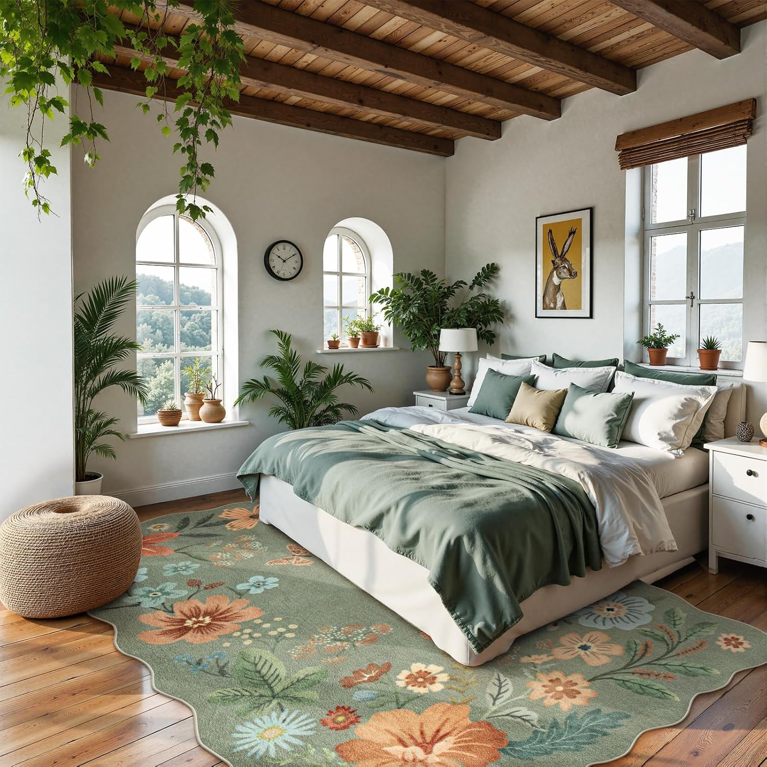 Lahome Floral Washable 6x9 Area Rugs, Soft Bedroom Rug for Living Room Ultra-Thin Non Slip Dining Room Rug, Stain Resistant Boho Green Rugs Easy Clean Throw Carpet for Office(6'x9',Green) - Image 3