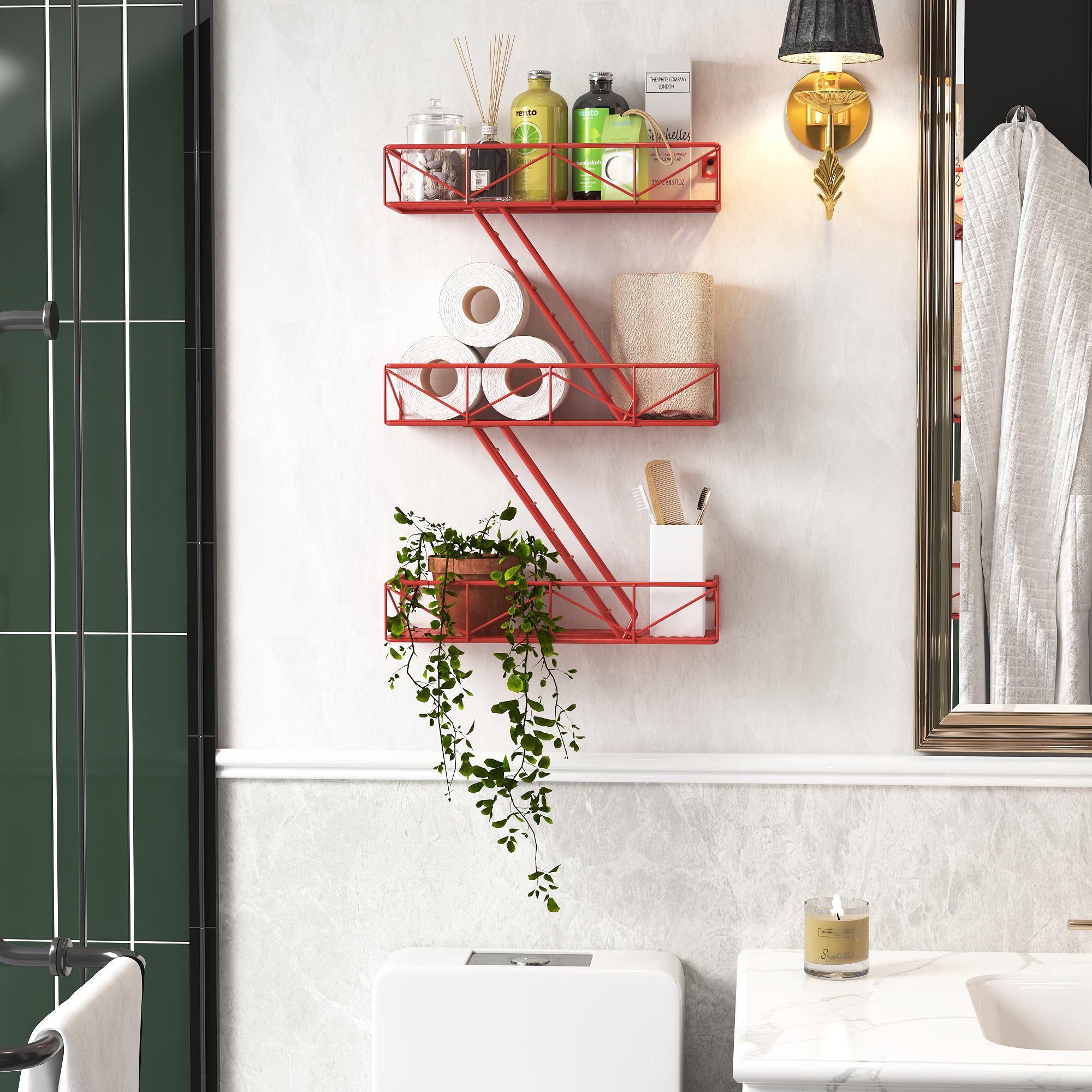 アンティーク ダークレッドの3段壁掛けラック woodwayfurniture_wsh-red