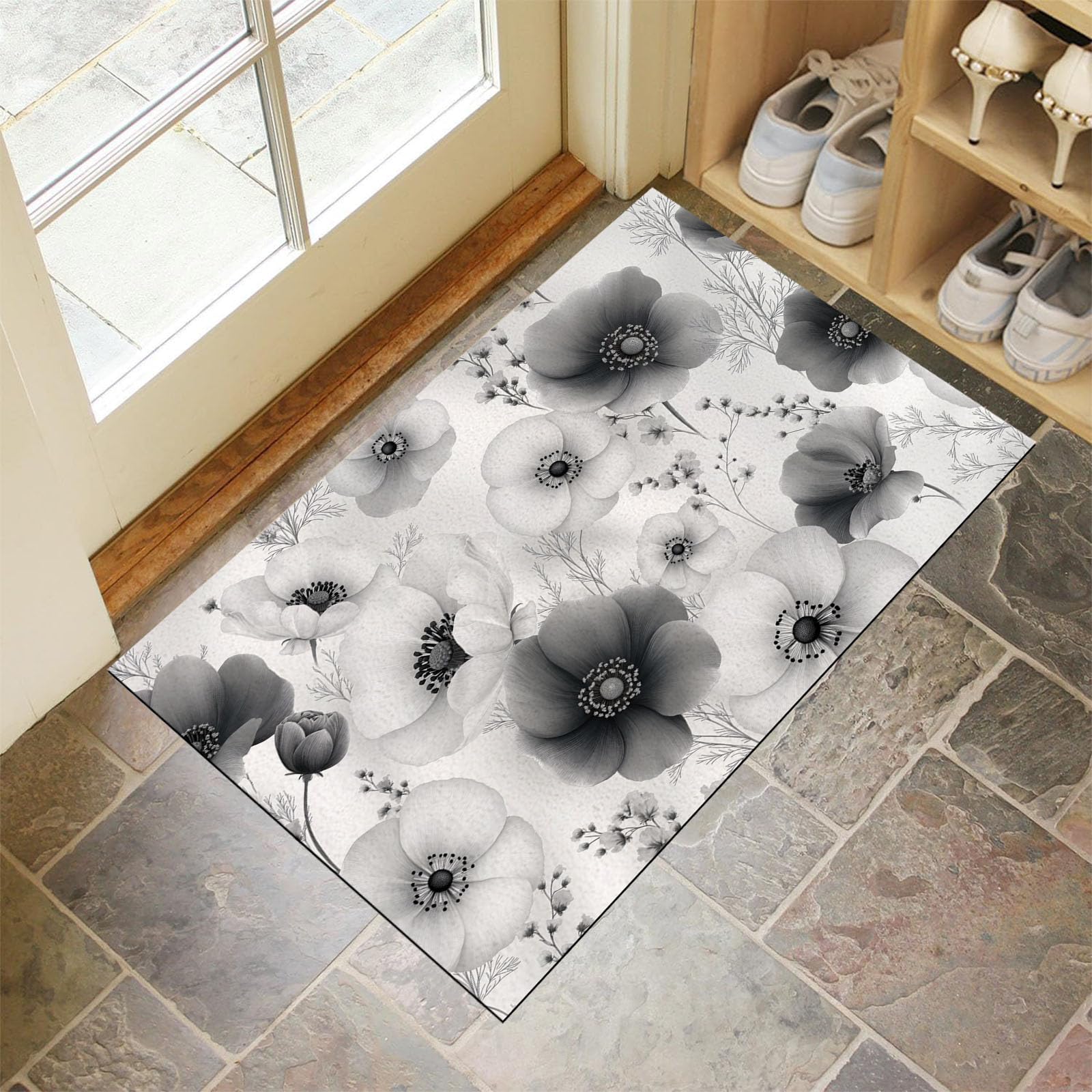 Tapis d'entrée d'intérieur imprimé peint à la main anémone gris blanc