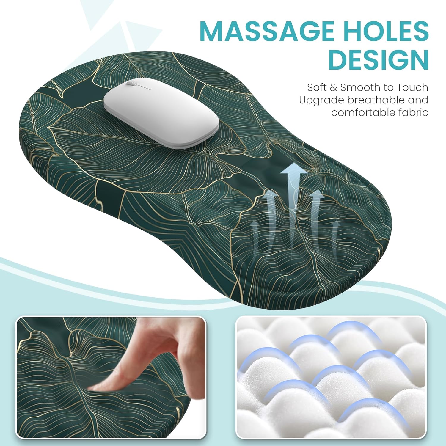 4 in 1Desk Mat for Keyboard and Mouse, Ergonomic Green Mouse Pad with Memory Foam Wrist Rest, Large Desk Pad Mat, Soft Wrist Support for Keyboard (Palm Leaves)