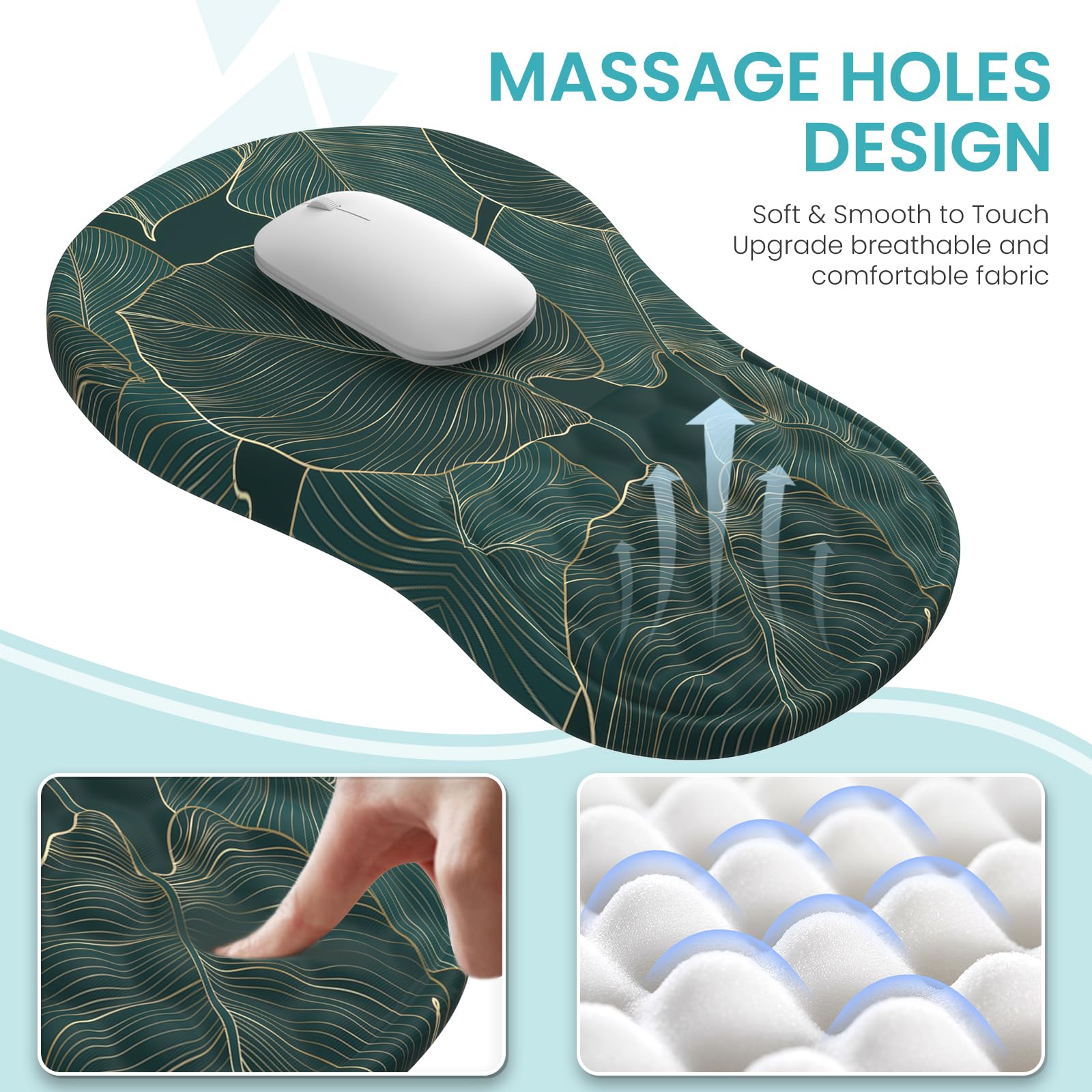 Sous-main 4 en 1 pour clavier et souris, tapis de souris ergonomique vert avec repose-poignet en mousse à mémoire de forme, grand sous-main, support de poignet doux pour clavier (feuilles de