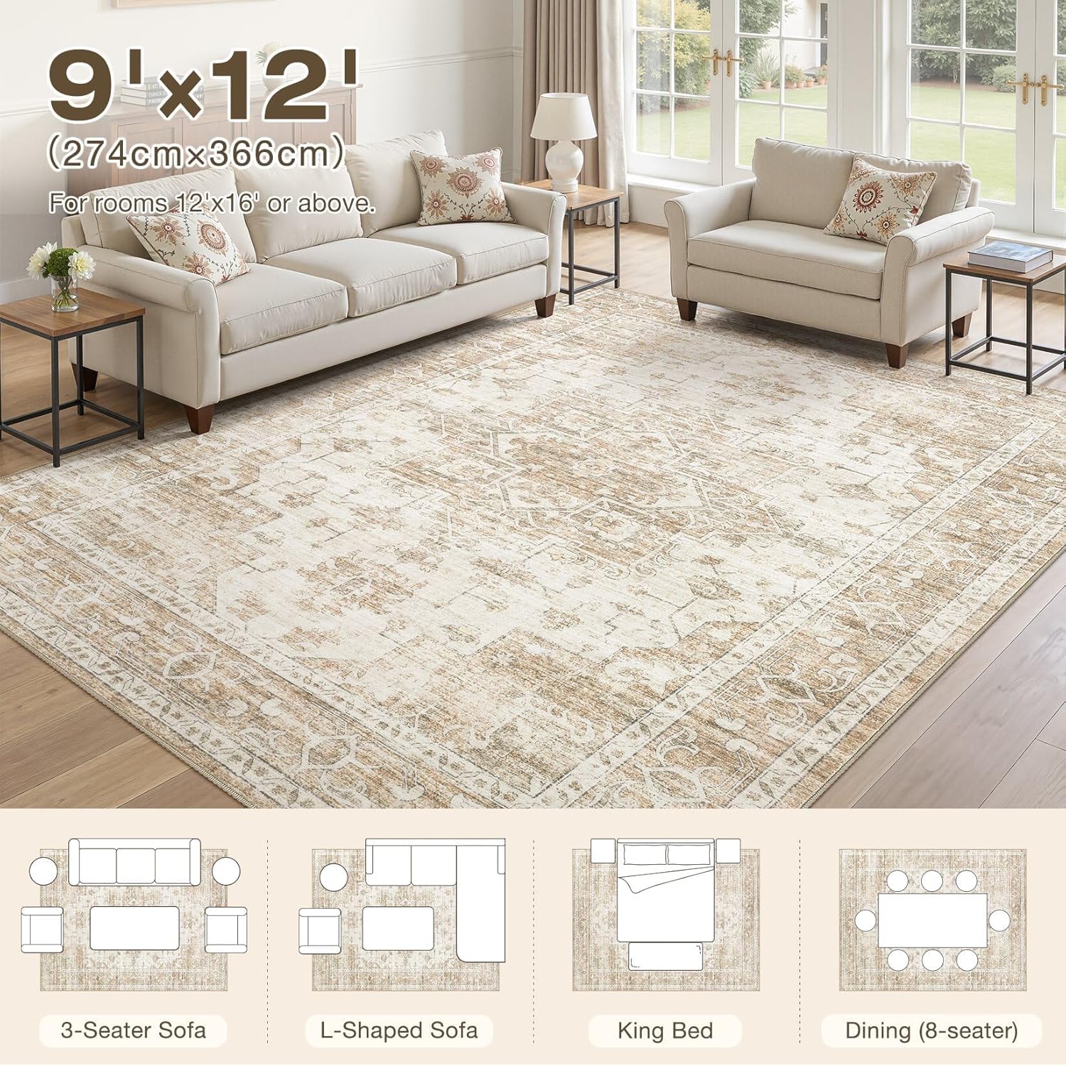 Washable Area Rugs 9x12, Soft Large 9x12 Rugs for Living Room Non-Slip Vintage Beige Indoor Carpet Stain Resistant Rugs for Dining Room Bedroom Nursery Kid & Pet Friendly