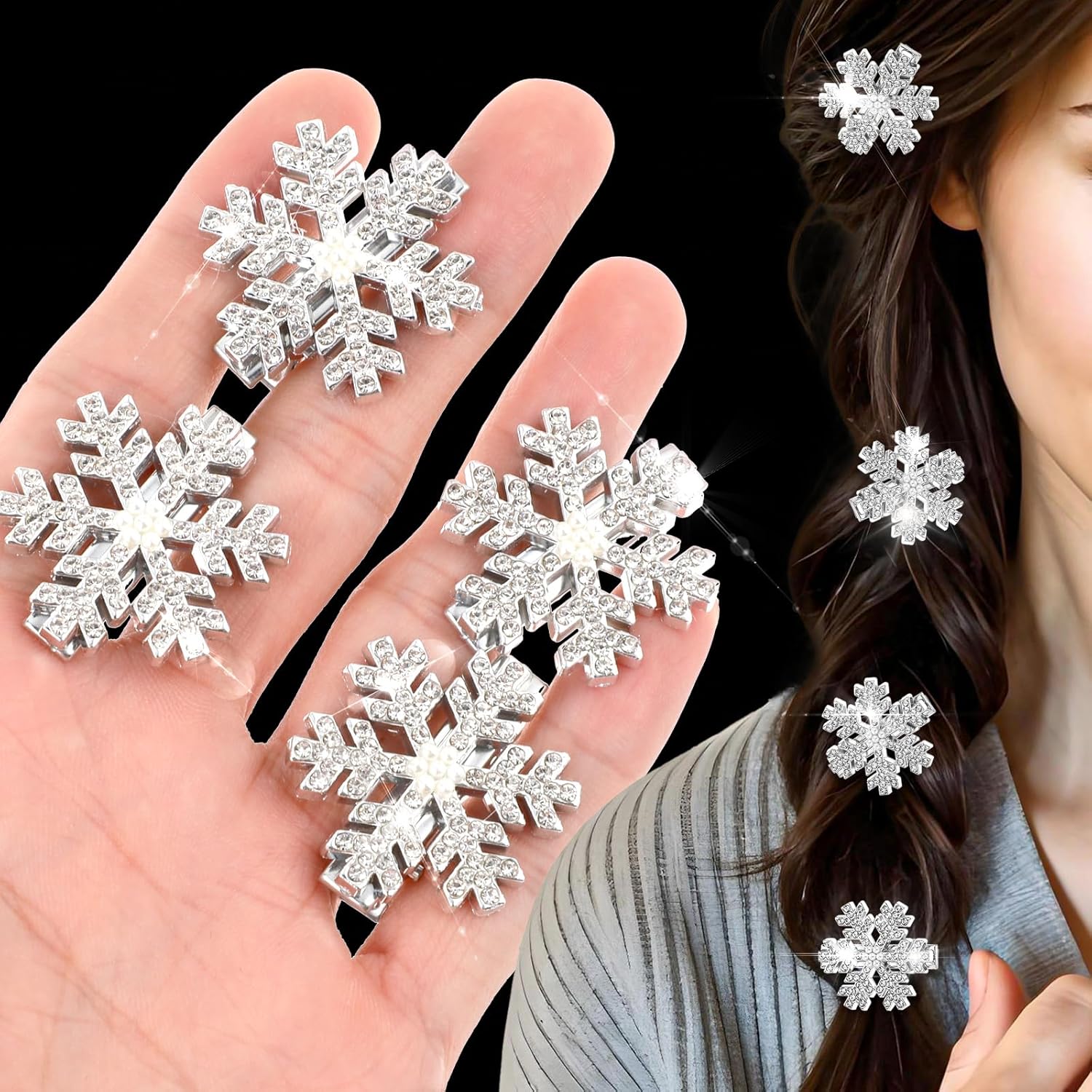 TIESOME Sparkly Rhinestone Snowflake Hair Clip, 8 PCS Silver Christmas Mini Pearl Hairpins Cute Metal Alligator Clips Elegant Shinny Hair Accessories for Women Princess Long Thick Hair