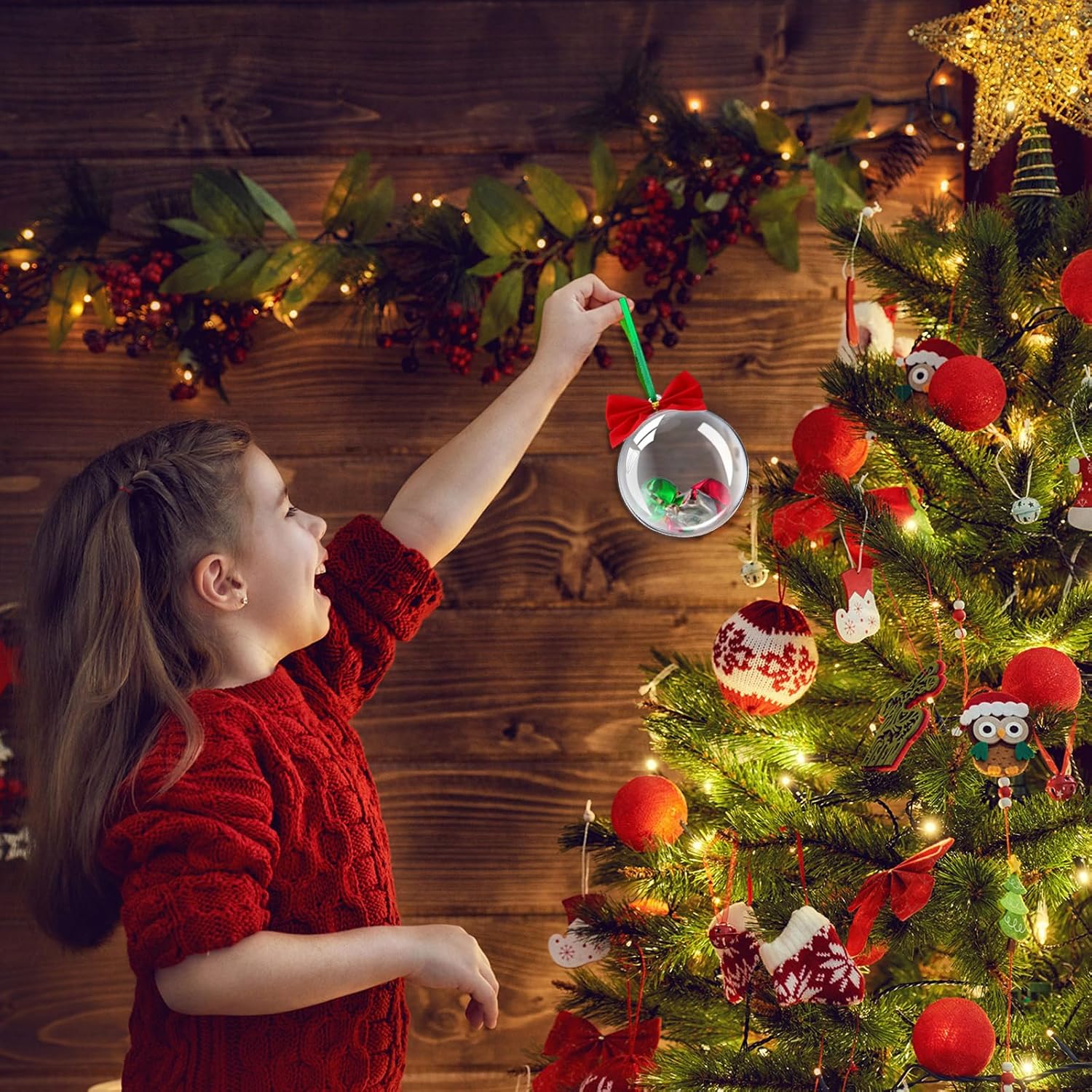 Liliful 100 Pcs Clear Christmas Plastic Ornament Ball 2.76 Inch/ 70 mm Fillable Ball Ornaments Hanging Christmas Spheres with 100 Bows 2 Red and Green Ribbons for DIY Craft Xmas Tree Decorations