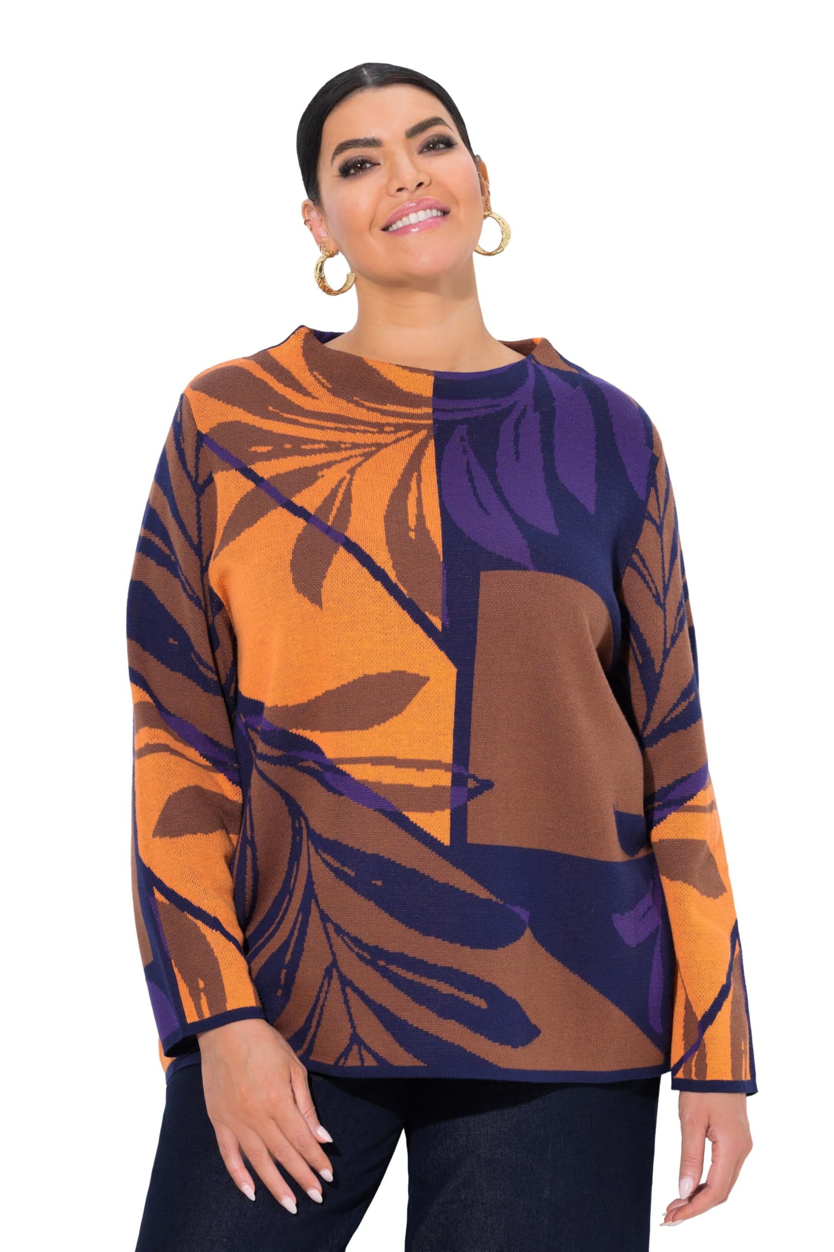 Ulla Popken Damen große Größen Übergrößen Plus Size Pullover, Colorblocking, Oversized, Stehkragen, Langarm 841909