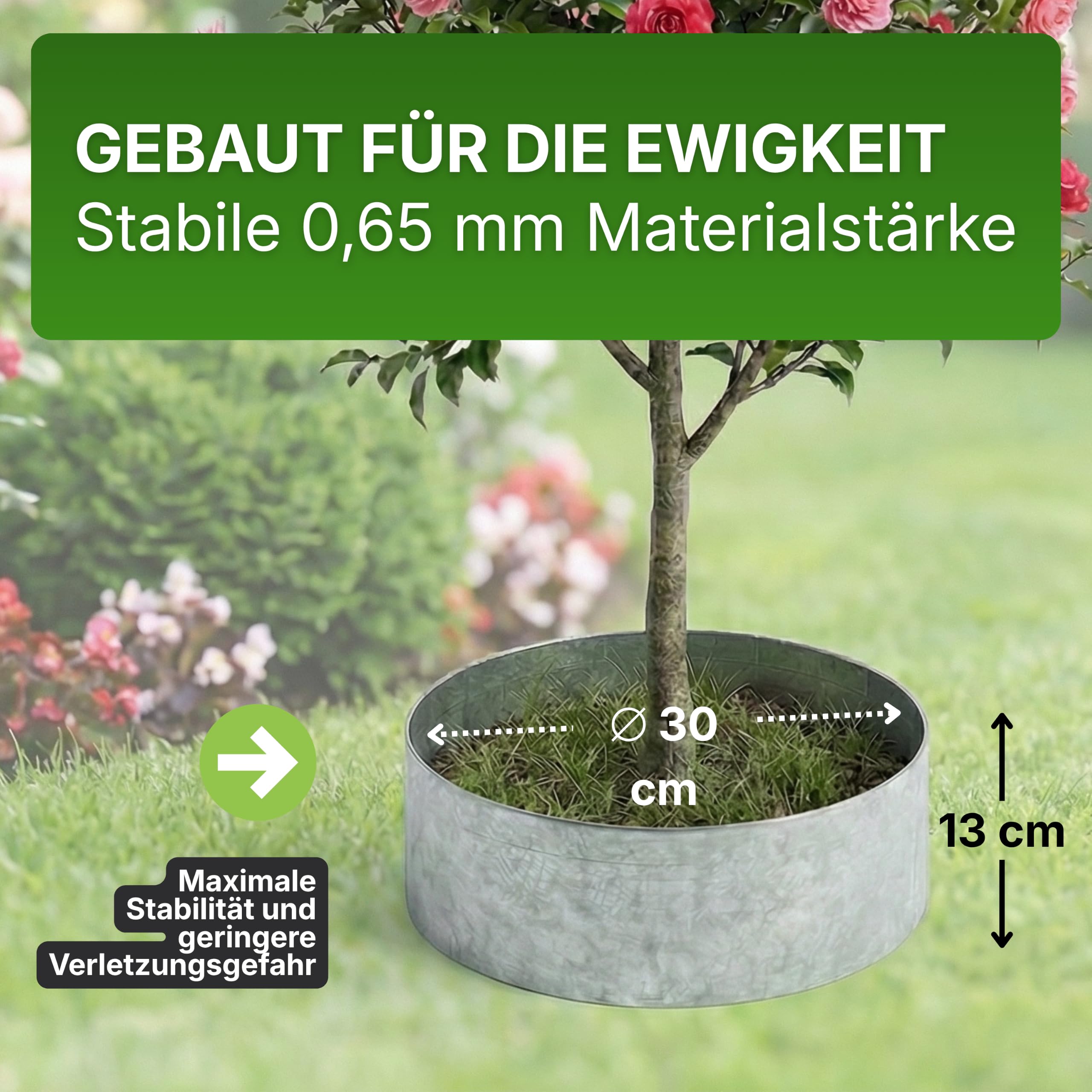 Gartenwelt Riegelsberger Rasenkante Kreis Metall Ø 30 cm – 4 Stück Baumeinfassung aus feuerverzinktem Stahl, Höhe 13 cm, robuste Beetumrandung & Mähkante, silberfarben