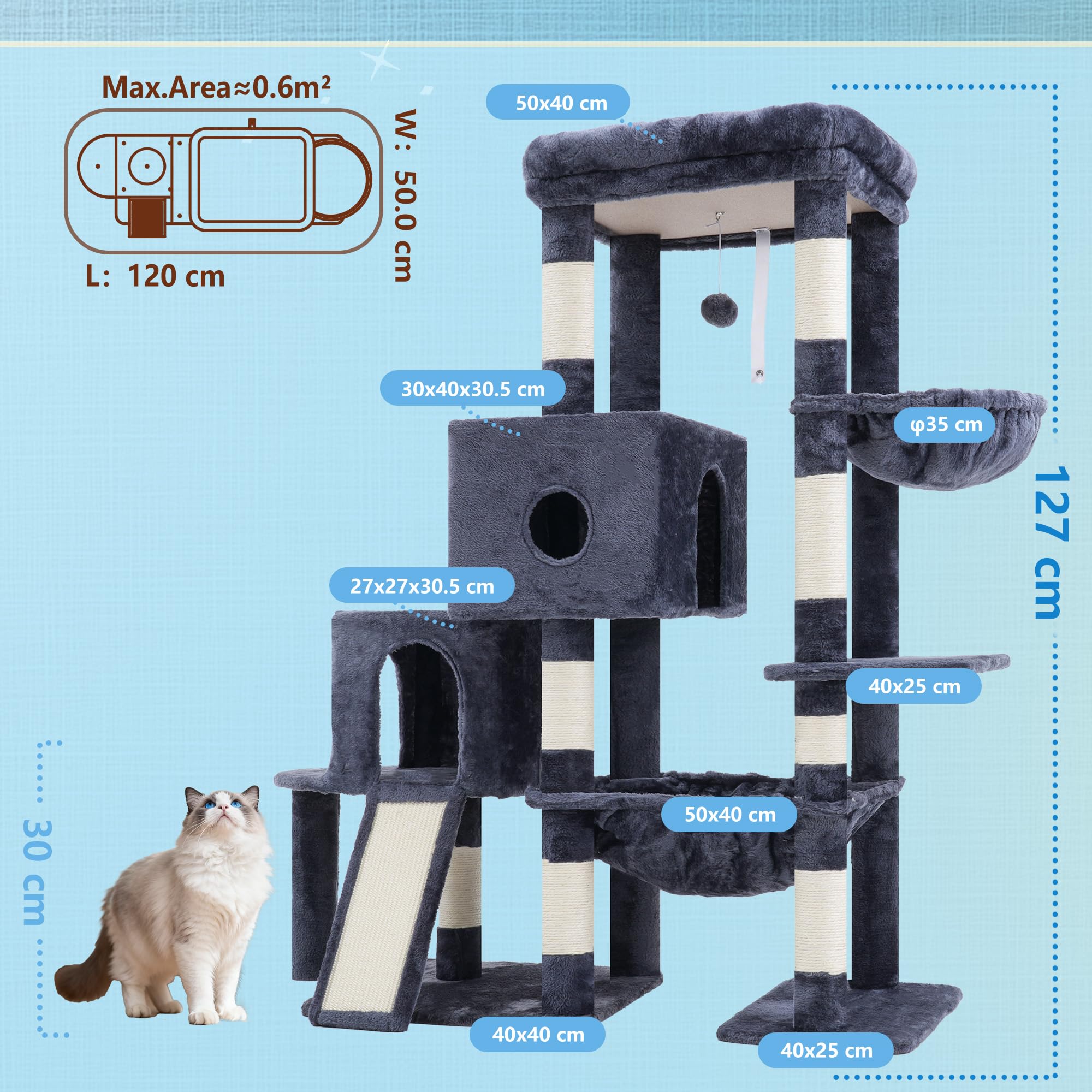 Hey-brother Albero per Gatti, Tiragraffi per Gatti per di con grande piattaforma Per i gatti adulti, Con 2 cuccie per gatti, amaca, arricciatoio di sisale e cestino per gatti, Griso fumé MPJ071G
