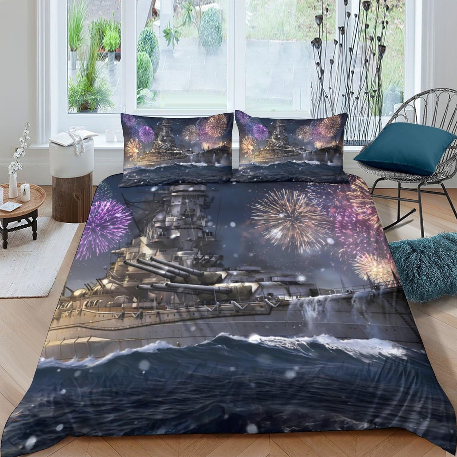 Ctjqhvkz Style-9 3D Printed Battleship Fireworks Fitted Sheet Microfiber Soft Decorative Bed Cover For Adult Teen Bedroom Dorm Decor Single（135X200cm）