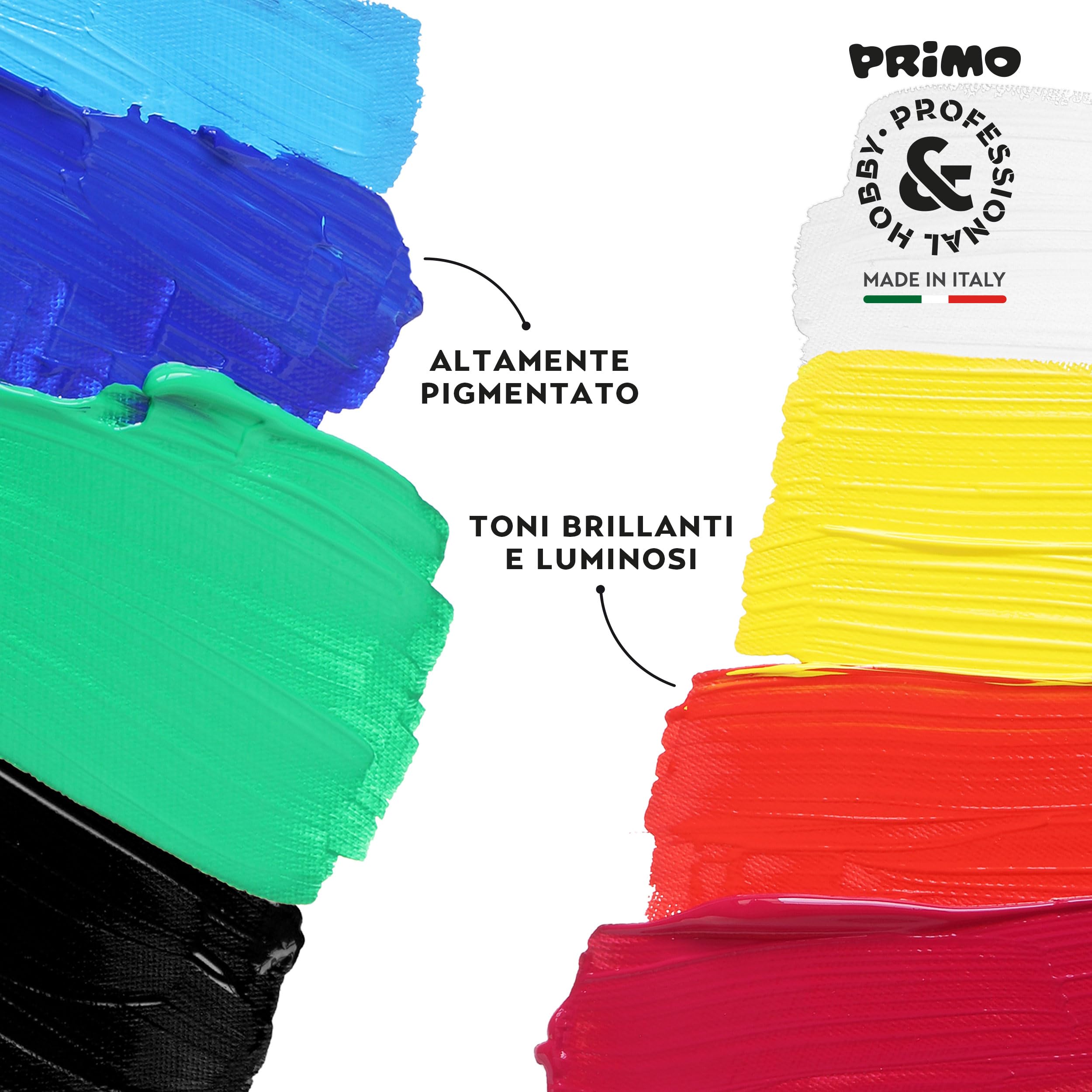 PRIMO Hobby & Professional - Box 15 Colori Acrilici per Dipingere 75ml Artisti +14Anni 5 Pennelli + 1 Pasta Strutturante + 2 Cartoncini Tele Colori per Tessuti Permanenti Lavoretti Creativi Cartoleria