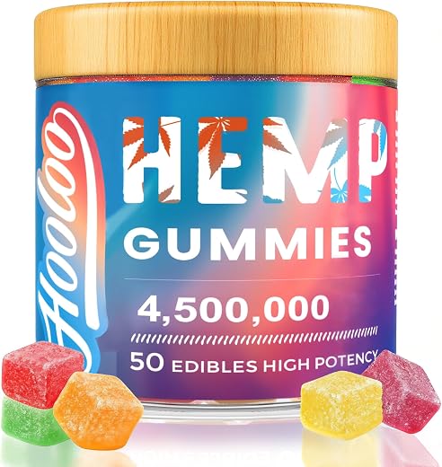 HOOLOO Hemp Gummies for Adults, 6 Fruity Flavors for Deep Bedtime, Relax, Hemp Gummy Infused Vitamins and Omega 3, Made in USA