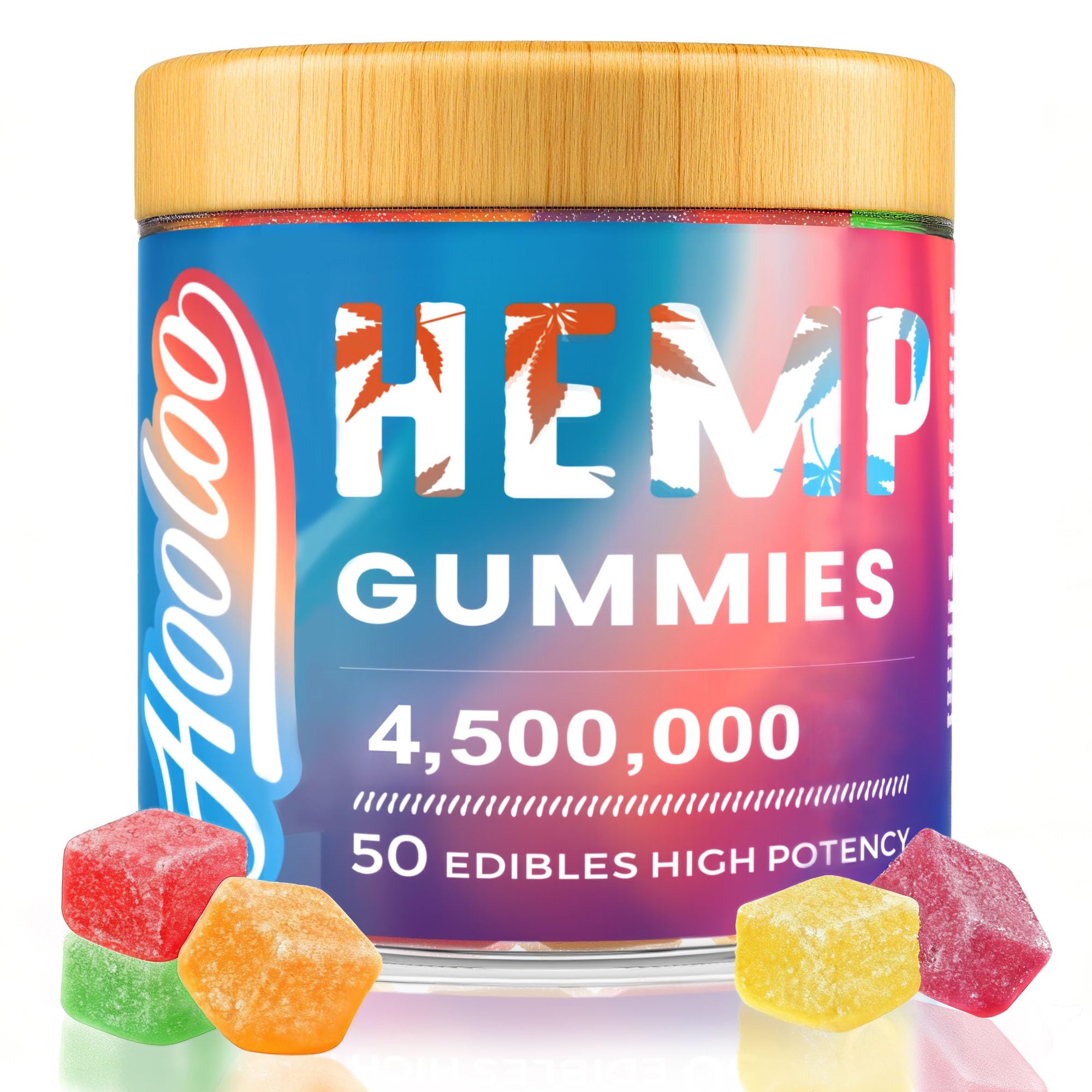 HOOLOO Hemp Gummies for Deep Bedtimes, Unwind, Focus - 6 Fruity Flavors Big Cubes Gummy Infused Vitamins Omega 3 - Extra Stength 4,500,000 for Adults - Made in USA