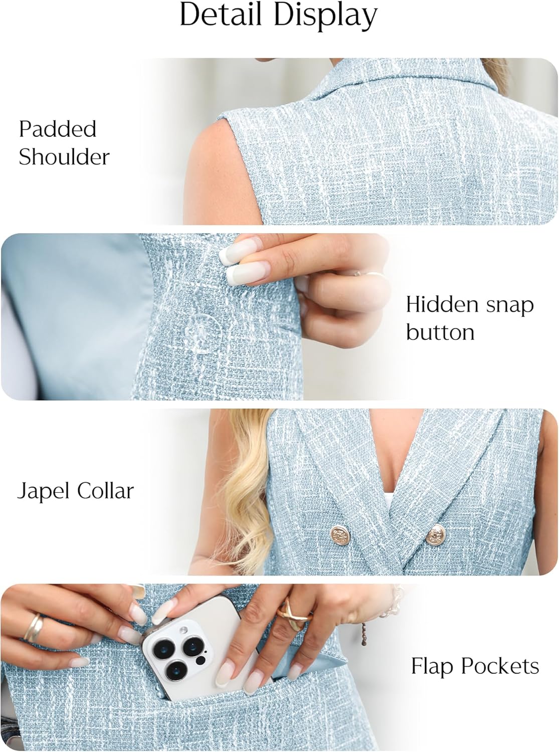 ELLEVEN Women’s Tweed Long Vest, Sleeveless Double-Breasted Blazer Trendy Tops Coat with Pockets - Image 5