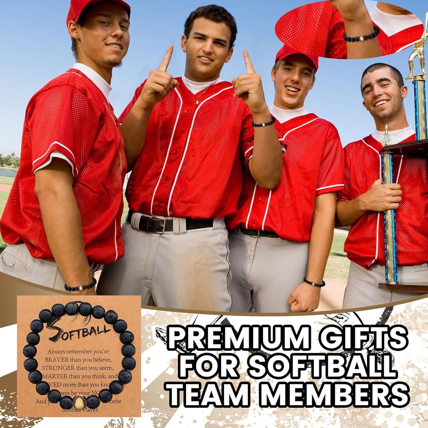 12 Sets Softball Bracelets Team Gift 8mm Natural Lave Stone Beaded Adjustable Bracelets with Inspirational Card for Men Women Birthday Softball Wristbands Team Party Favors - Image 4