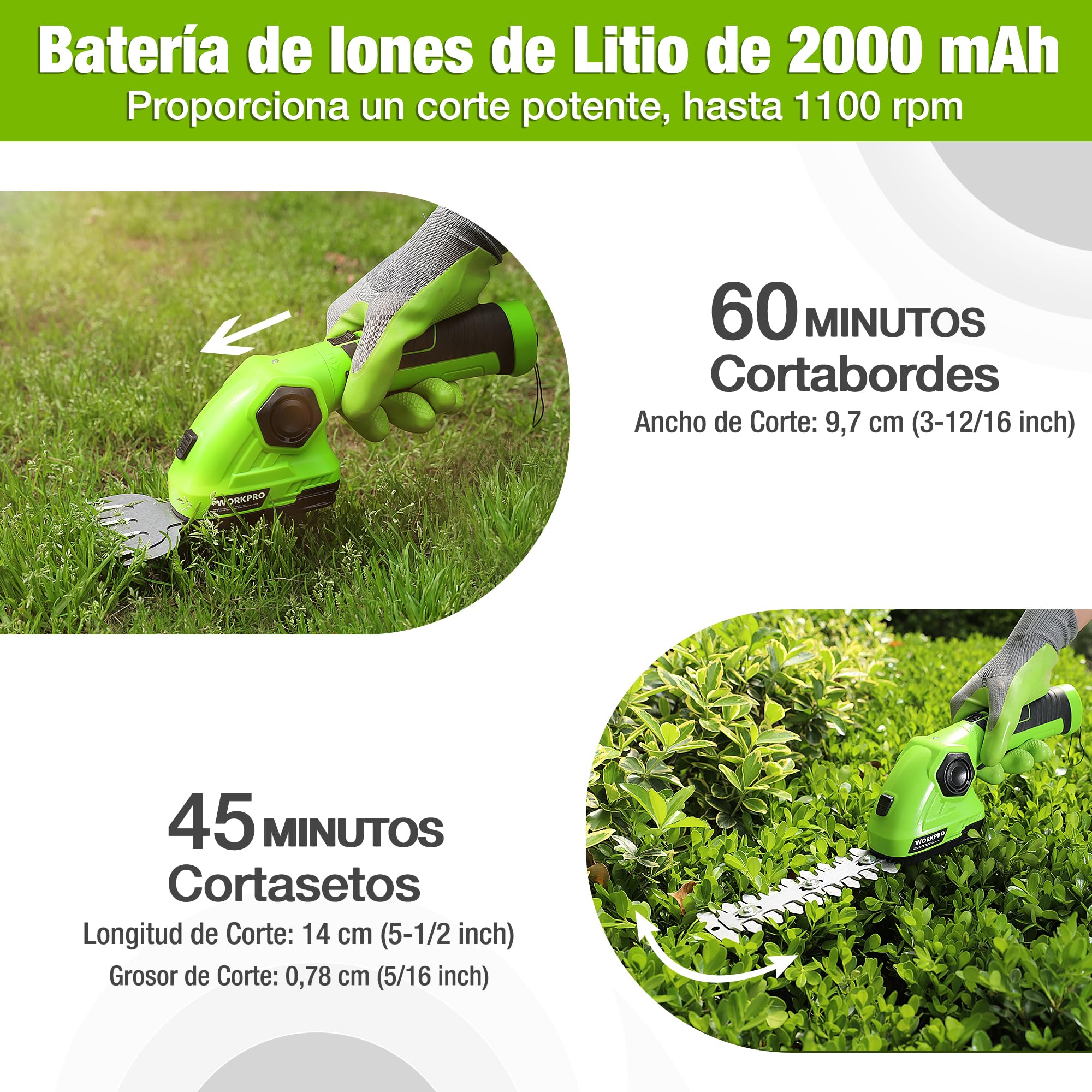 WORKPRO 2 en 1 Tijera Cortacésped y Arreglasetos, 7,2V Tijeras Cortacésped a Batería de 2Ah, 2 Cuchillas, Tijeras Arreglaseto, Ancho de Corte 97 mm, Largo de Corte 140 mm, Herramienta para Jardín
