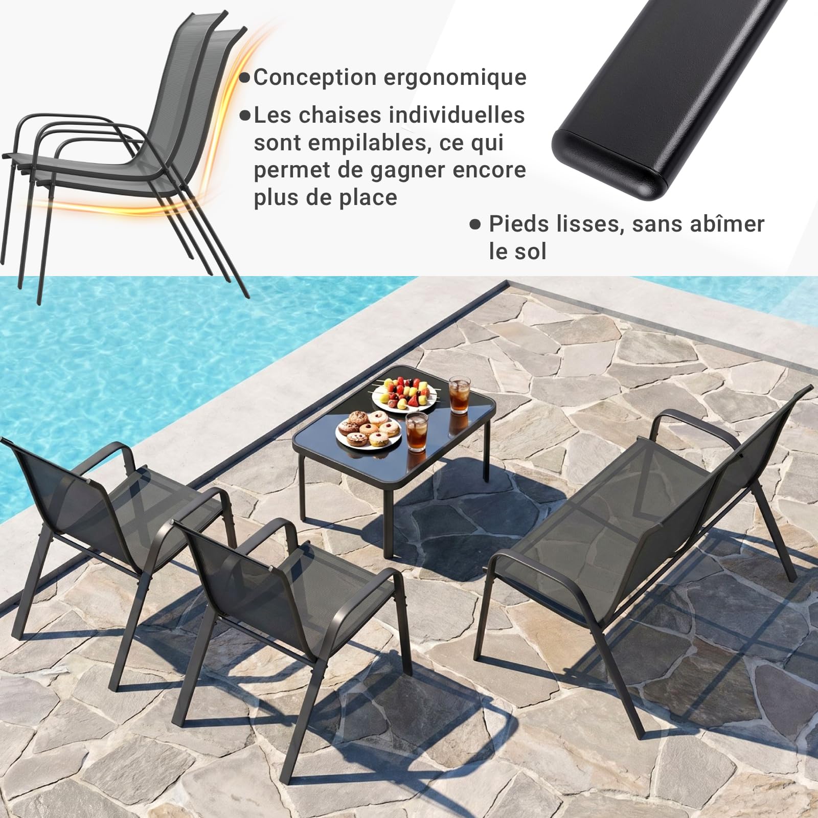 LIFERUN Salon de Jardin Extérieur 4 Pièces 4 Personnes,Ensemble de Mobilier | Textilène Résistant, Canapé 2 Places, 2 Fauteuils, 1 Table Basse, Ensemble de Terrasse pour Balcon, Extérieurs (Gris)