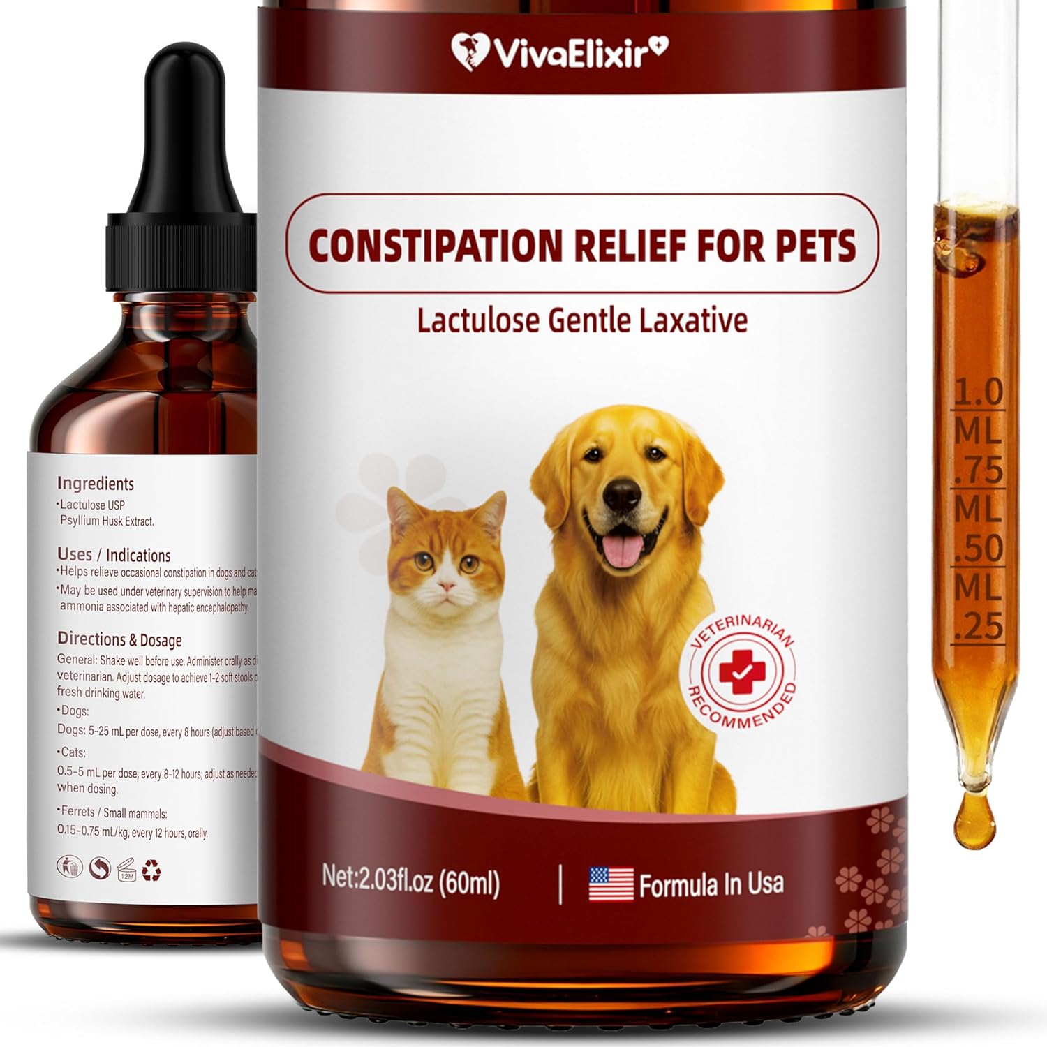 Constipation Relief for Dogs and Cats - Gentle Laxative and Stool Softener with Lactulase and Psyllium - Supports Healthy Bowel Movements, Hairball Relief, and Digestive Comfort - 2 fl oz (60 ml)