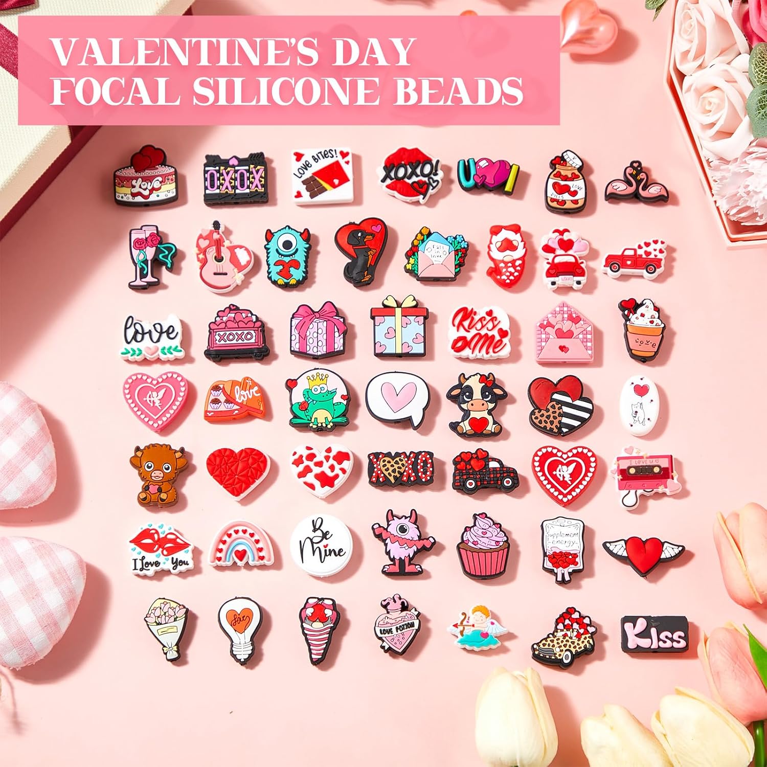 Watersay 50 PCS Valentine's Day Focal Beads for Pen Colorful Valentine Silicone Charms DIY Love Hearts Loose Spacer Beads Bracelet Necklace Making Handmade Crafts(Mix Style)