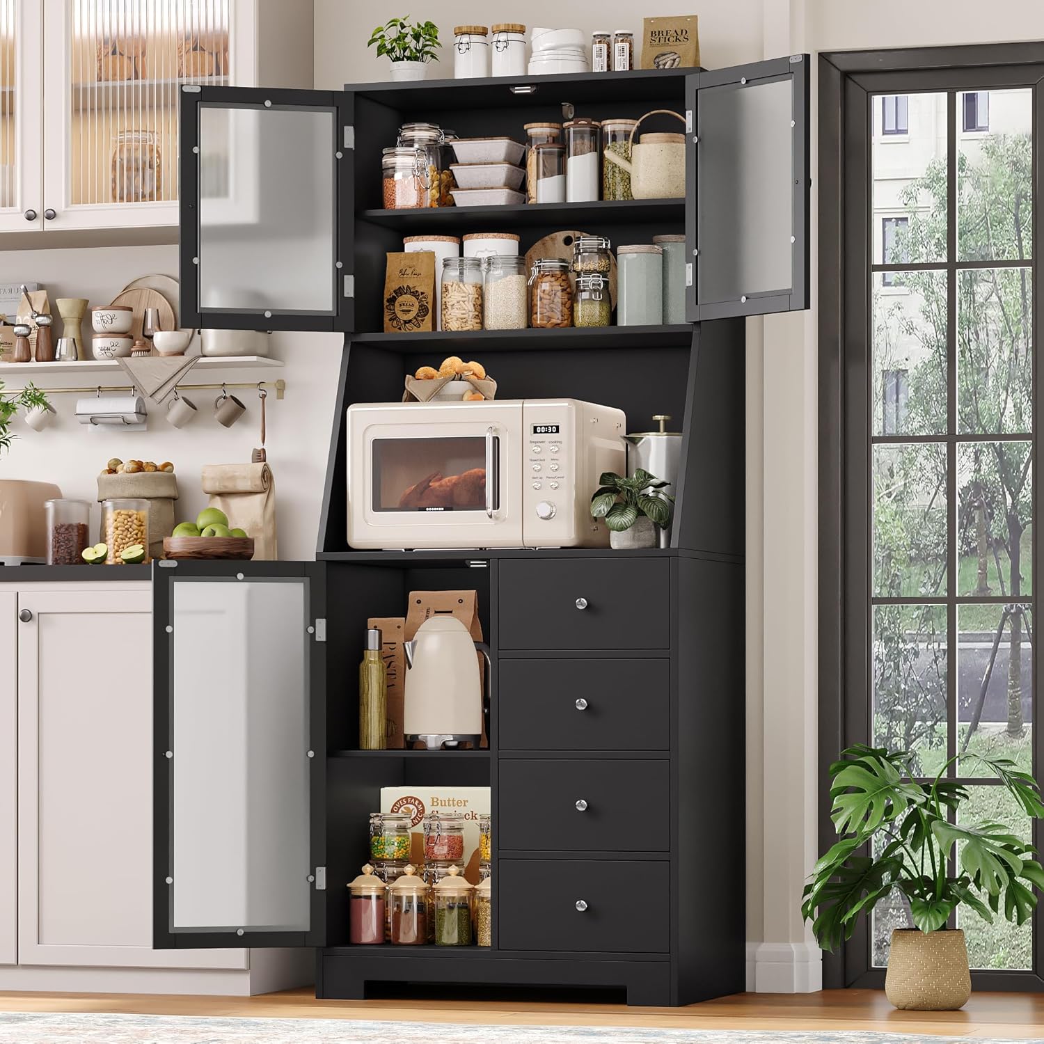 Detailed dimensions of the BOTLOG 64-inch Kitchen Pantry Storage Cabinet