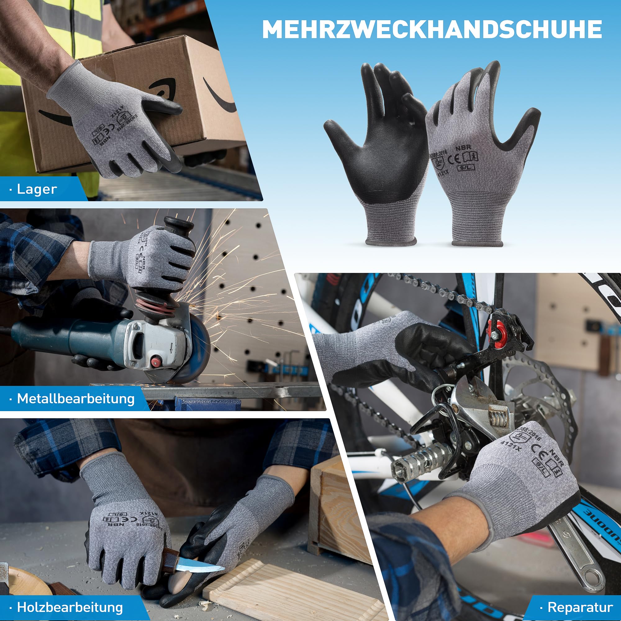 S SATC 16 paires de gants de travail en tricot fin 15 gauge pour hommes et femmes, avec revêtement en mousse de nitrile - Pour maintenance, construction mécanique, logistique (8/M)