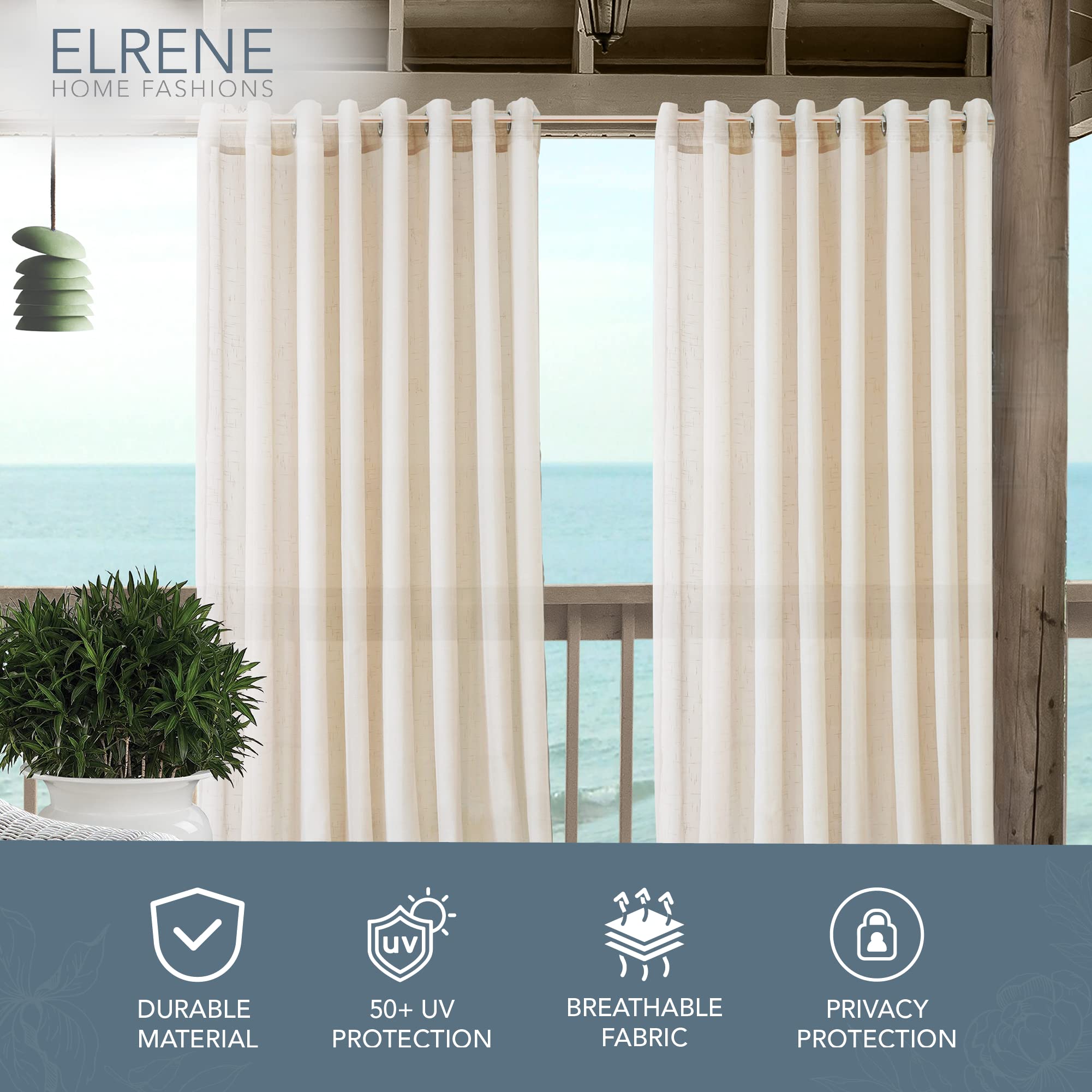 Elrene Home Fashions Carmen Sheer Extra-Wide Weatherproof Indoor/Outdoor Grommet Top Curtain Panel with Coordinating Tieback for Porch Pergola - Image 2