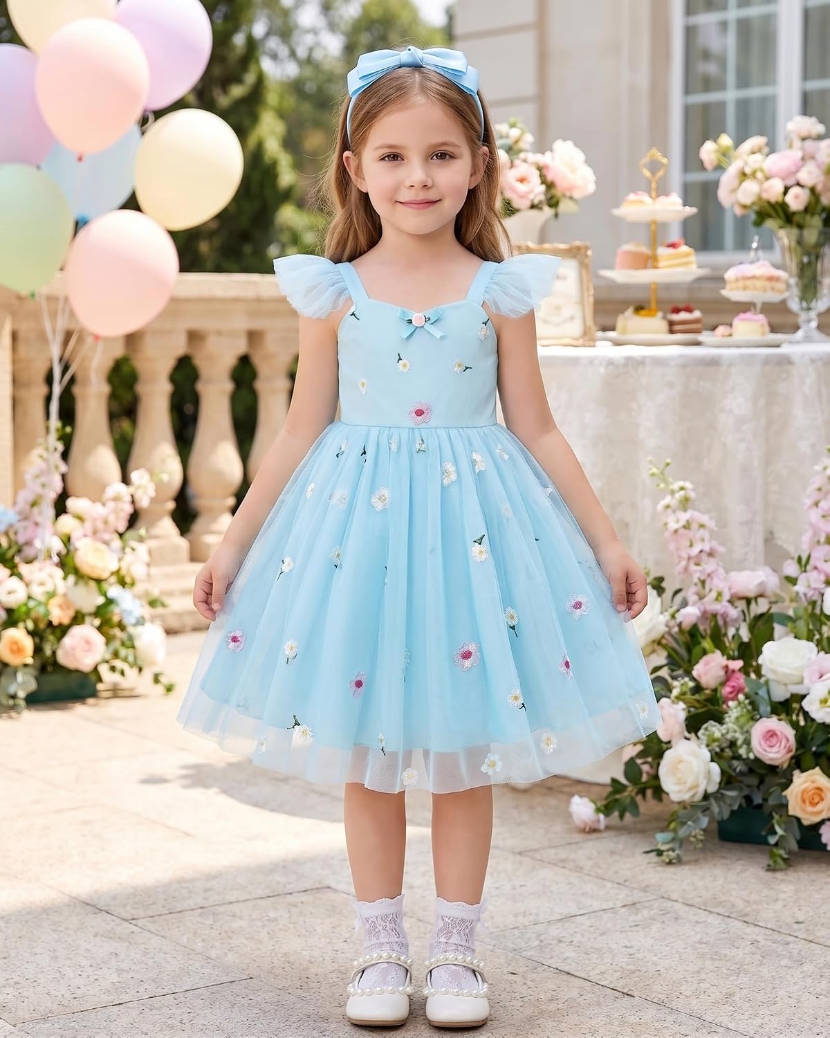 YALLET Toddler Dress Ruffle Sleeveless Girls Tutu Dress Flower Embroidery Smocked Back Cake Smash Outfit for Birthday Party