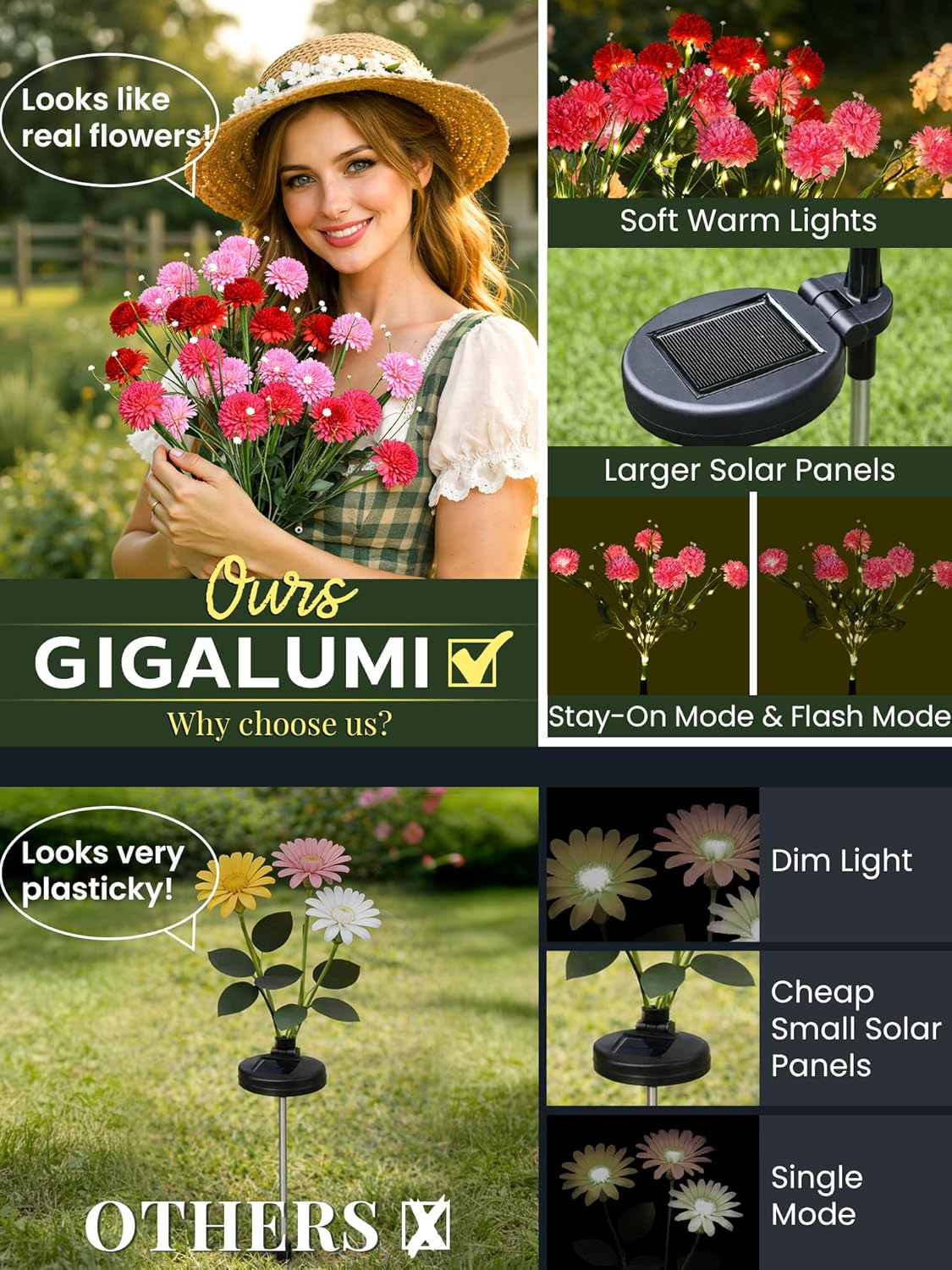 GIGALUMI Solar Lights Outdoor for Garden Decor, 3 Pack Solar Flower Lights Waterproof, 2 Lighting Modes 21 Chrysanthemums for Pathway,Yard, Patio Decoration, Gardening Gifts for Women (Muiltcolored)
