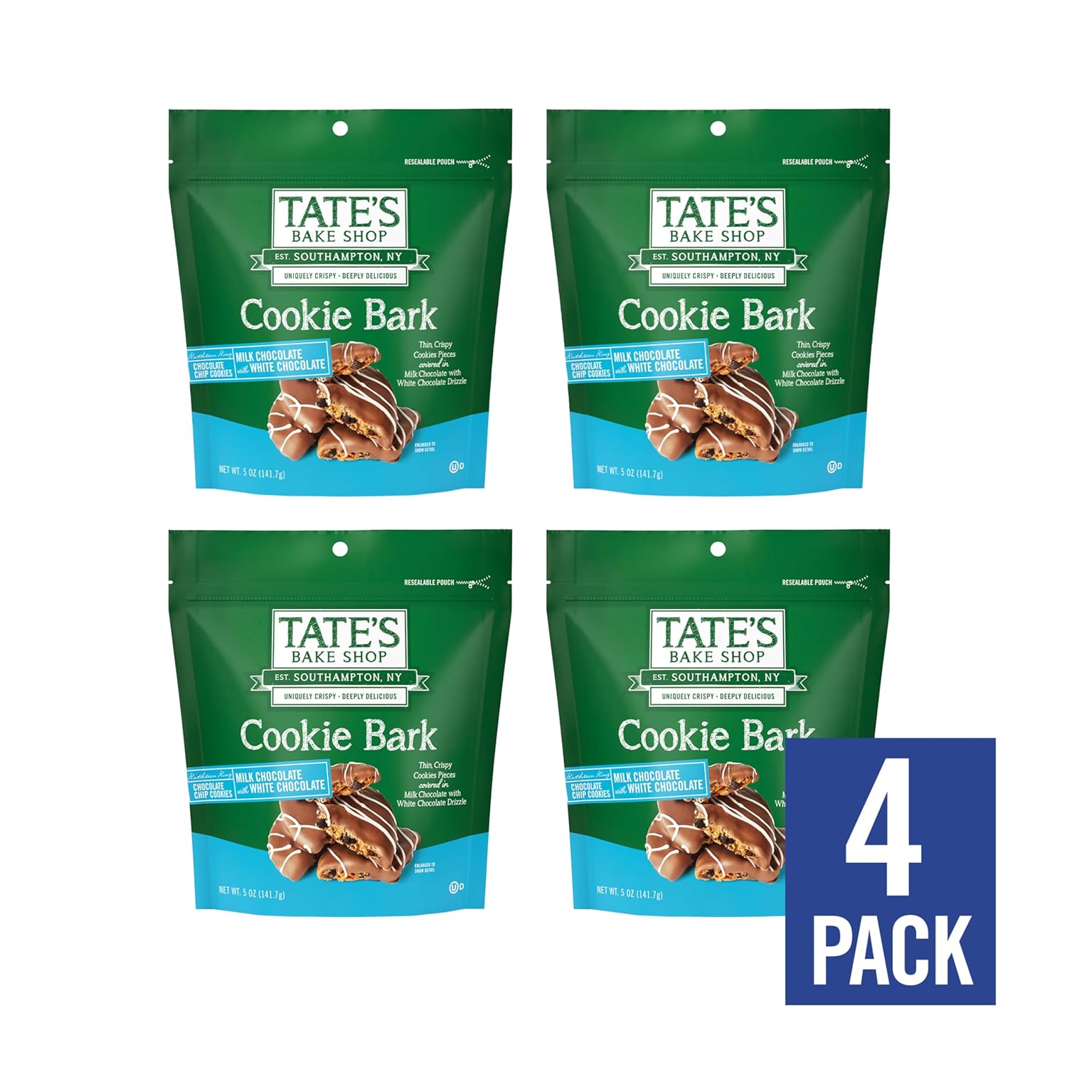 Tate's Bake Shop Cookie Bark, Chocolate Chip Cookies in Milk Chocolate with White Chocolate Drizzle, 4-5 oz Bags