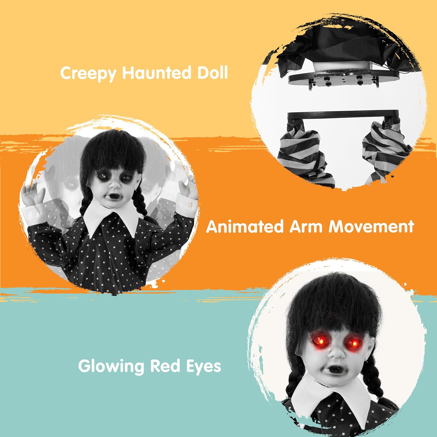 JOYIN 31.5" Halloween Animatronic School Girl in Black Dress Decoration Outdoor, Sound Activated Spooky Ghost Doll Prop with Glowing LED Eyes, Creepy Sounds, Scary Haunted House Props for Yard Lawn image 2