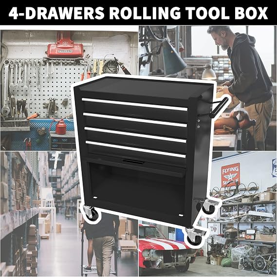 4-Drawer Tool Cart on Wheels, Rolling Tool Box,Heavy Duty Utility Industrial Service Cart Storage Organizer with Locking System, for Mechanic, Warehouse, Garage, Workshop