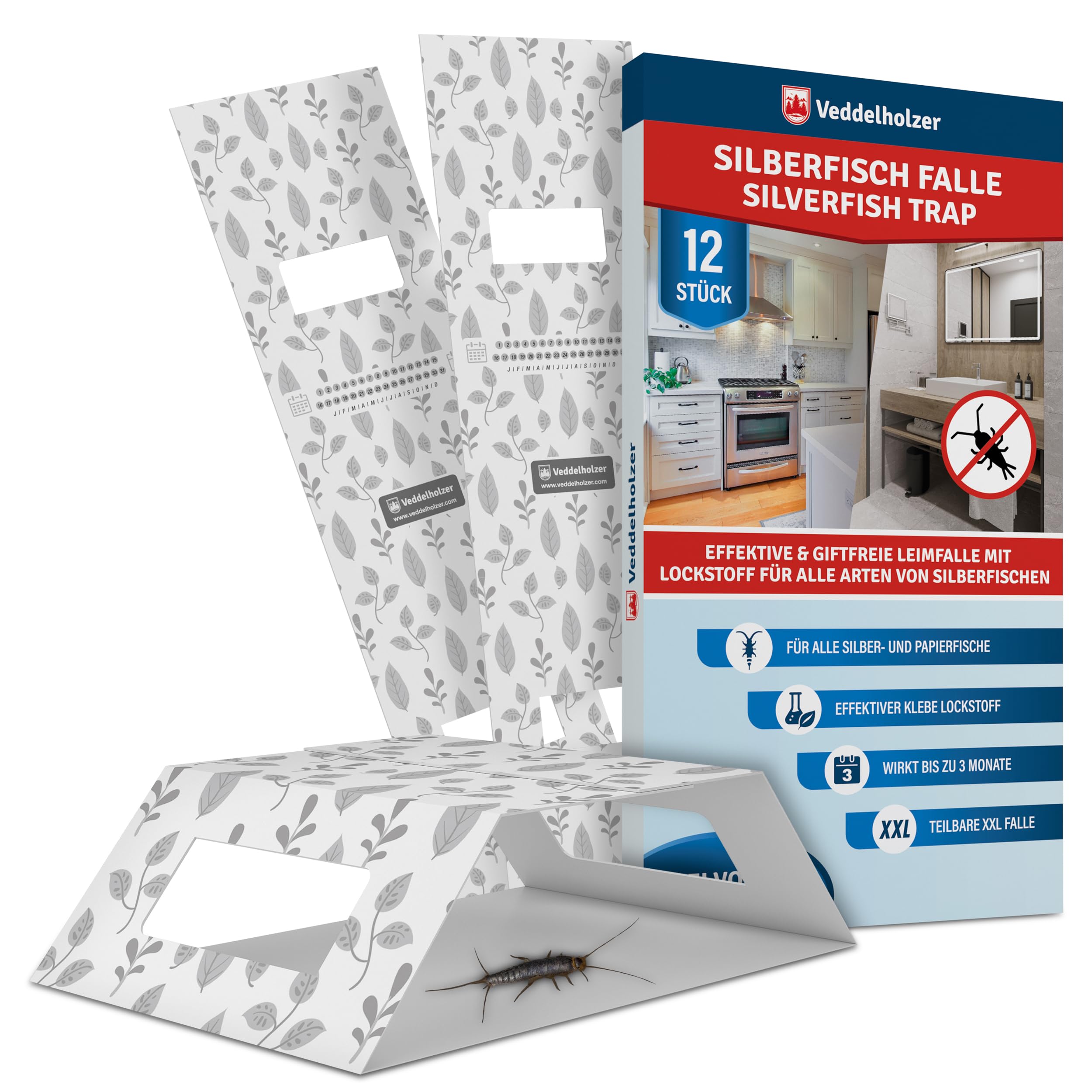 Veddelholzer XXL teilbare Silberfischfalle mit Köder Lockstoff 12 Stück Effektive Klebefallen Silberfische & Papierfische bekämpfen Giftfrei, Geruchlos, Umweltfreundlich, Einfache Anwendung