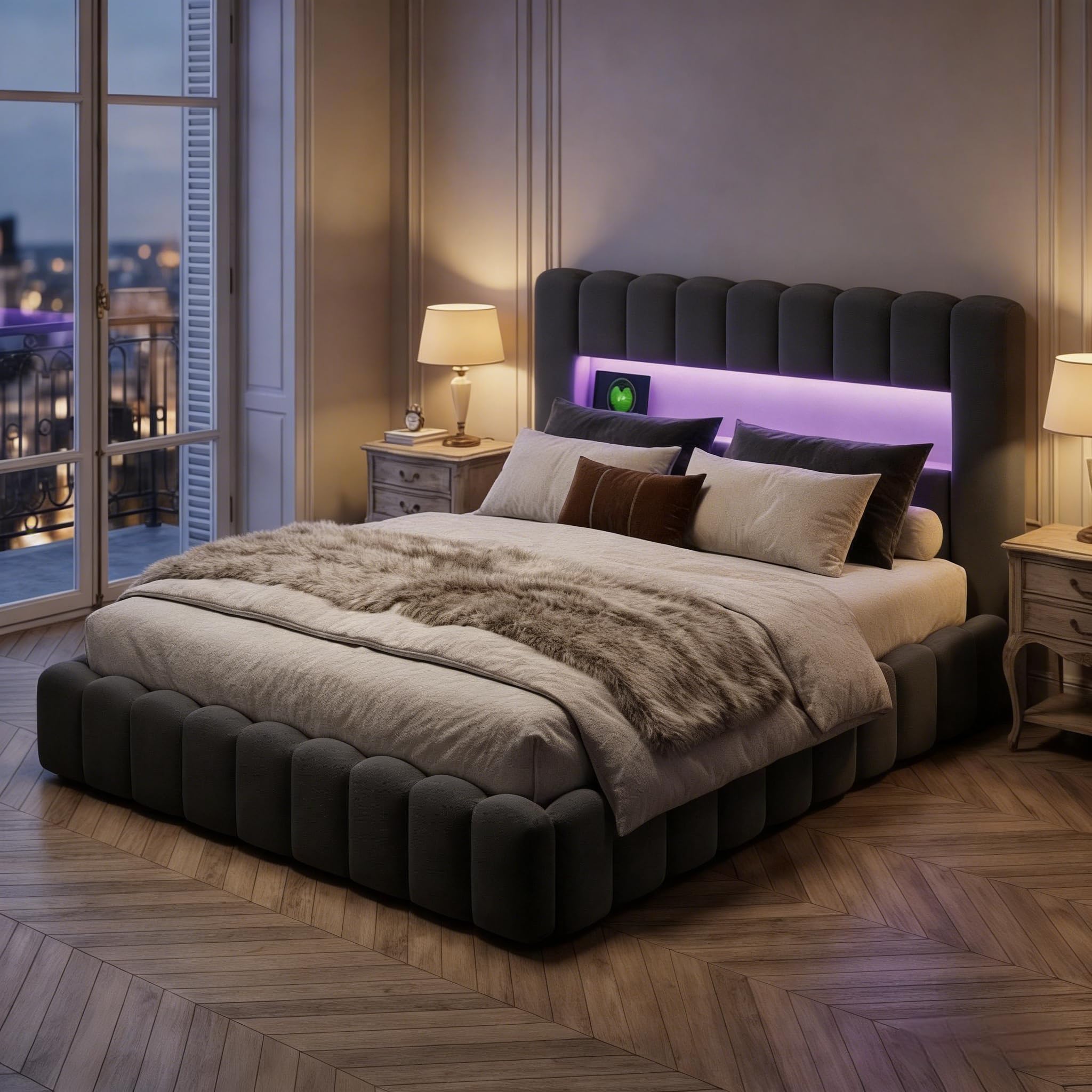 BRILVERDE Lit Coffre 140x200 cm,Tête de lit avec éclairage LED, Fonction de Chargement USB et de Rangement,Lit Double avec Rangement, sommier tapissier avec Rangement,Lin, sans Matelas(Gris, 140x200)